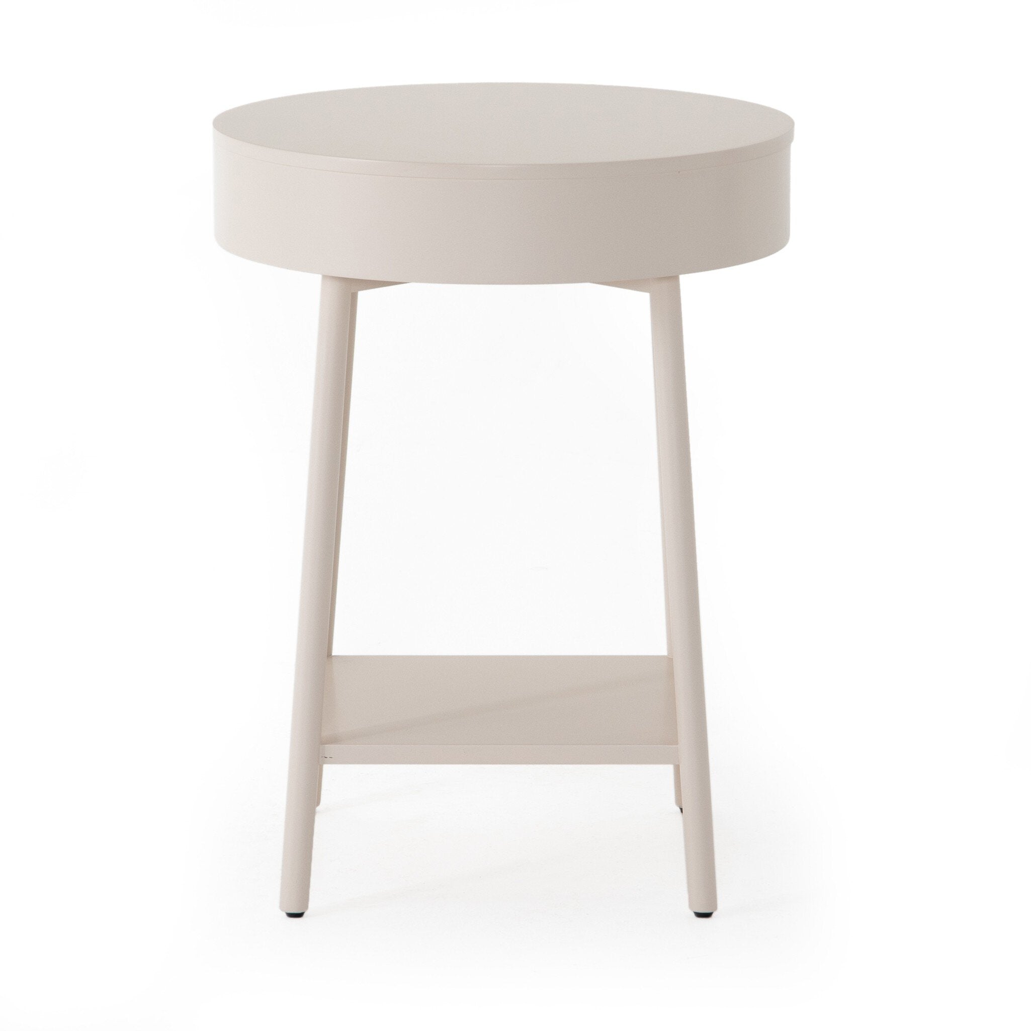 White nightstand with a drawer on a white background.