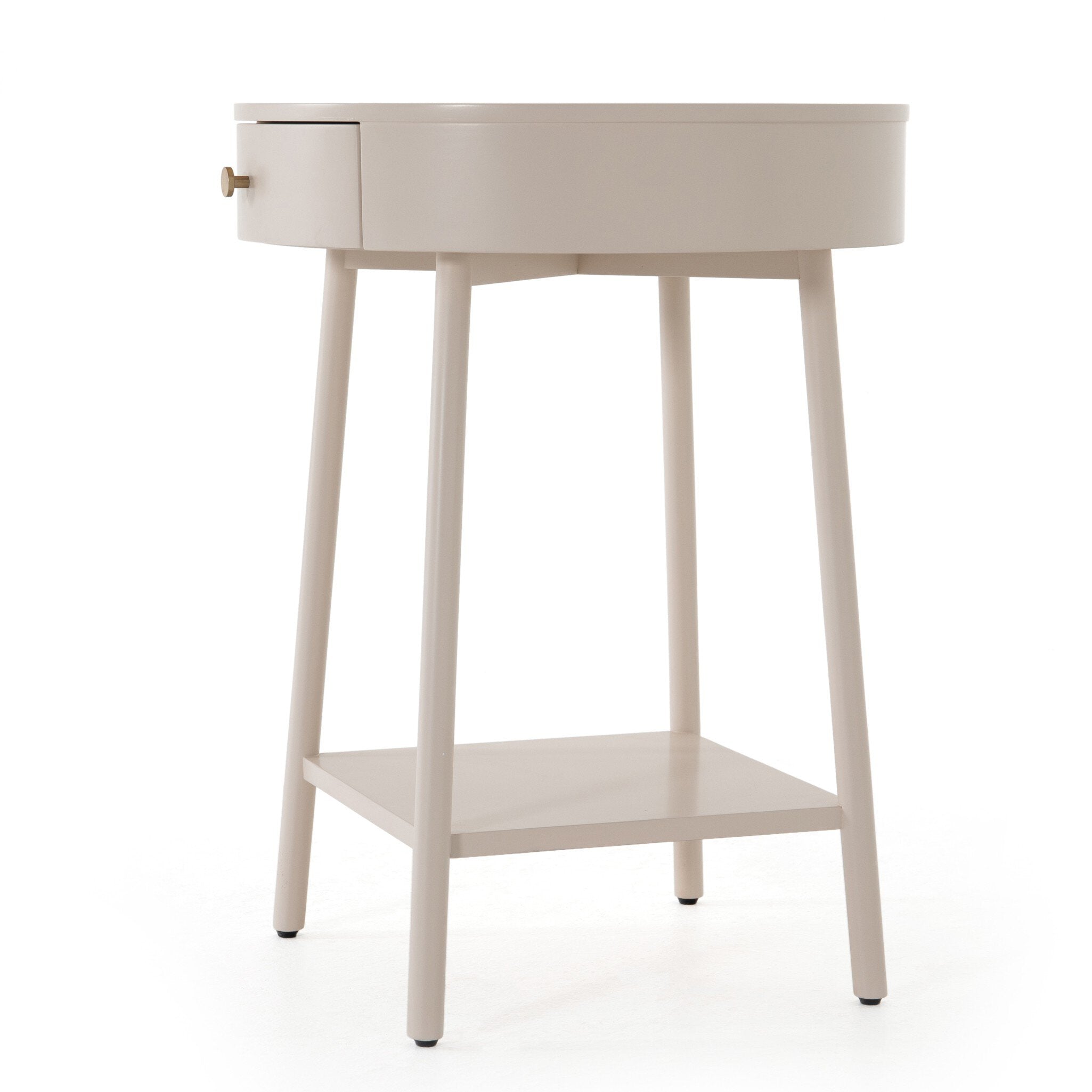 White nightstand with a drawer on a white background.