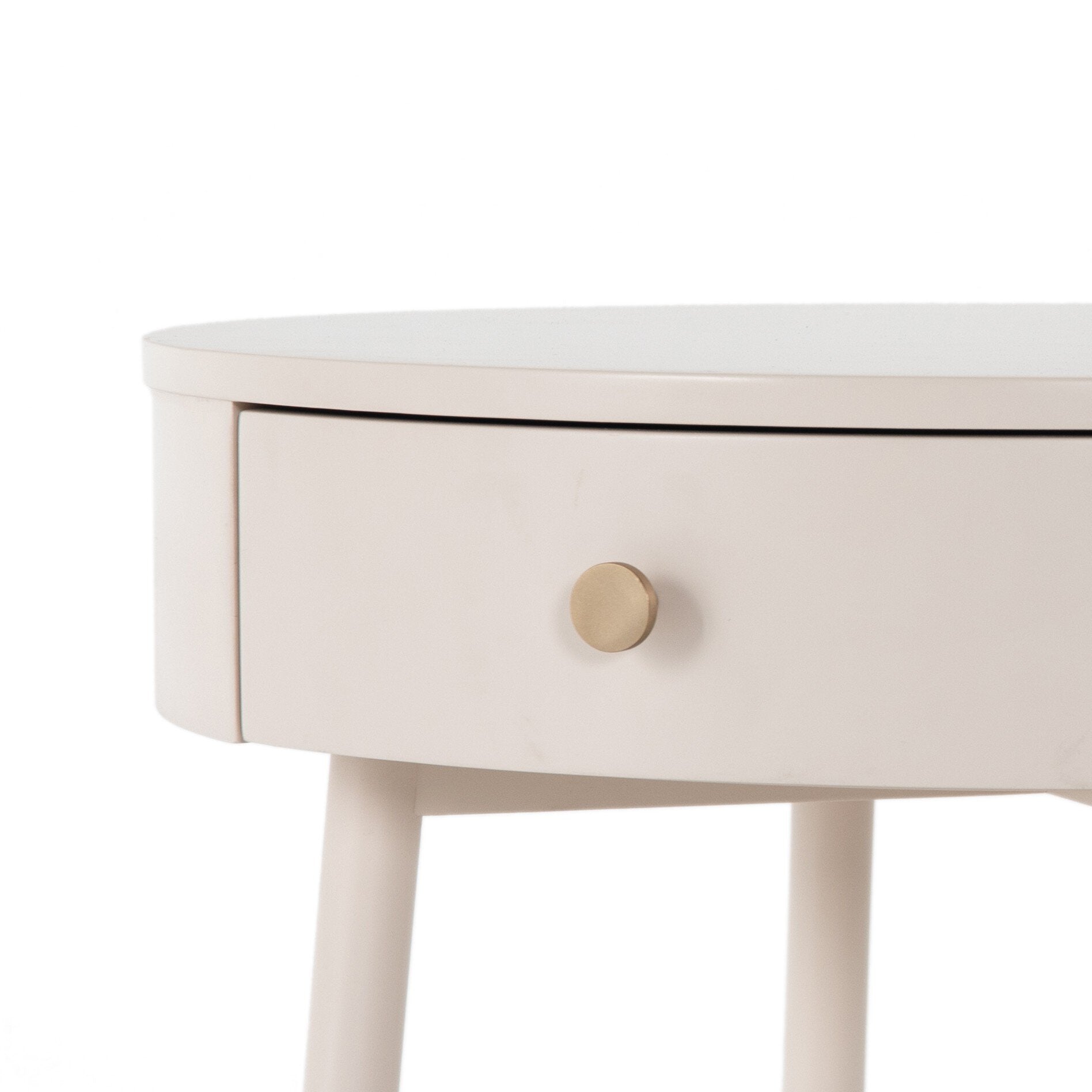 White nightstand with a drawer on a white background.