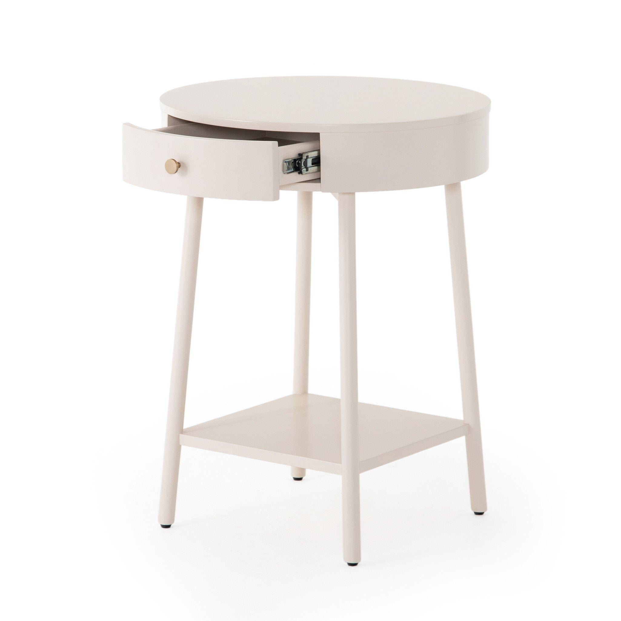 White nightstand with a drawer on a white background.