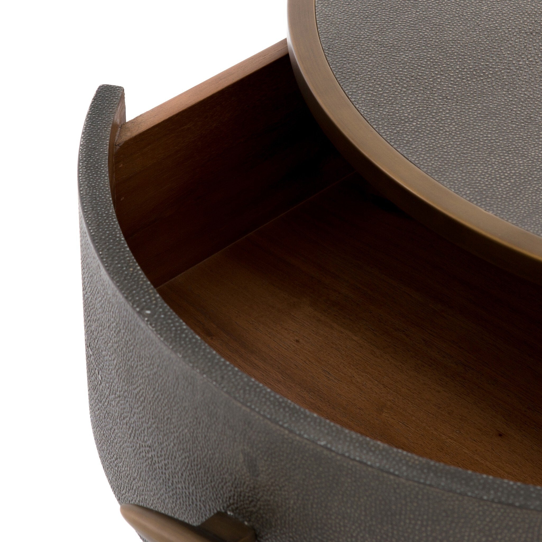 Close-up of a textured gray container with a wooden interior on a white background.