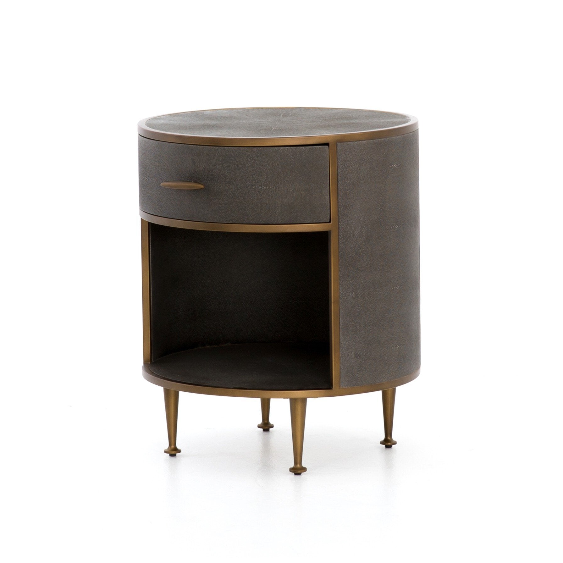 Round side table with a drawer and brass legs on a white background.