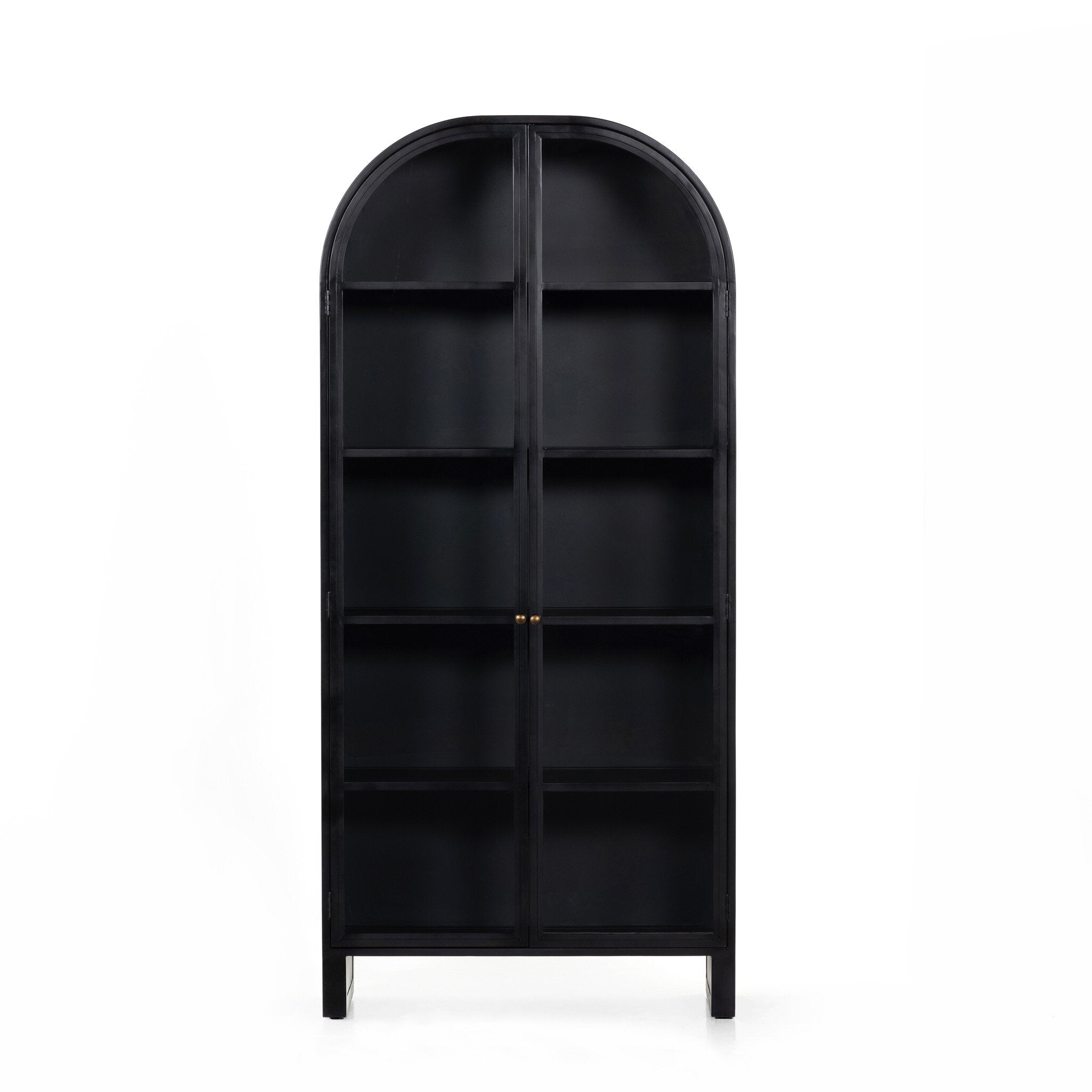 Black-finished iron arched cabinet with glass front doors.