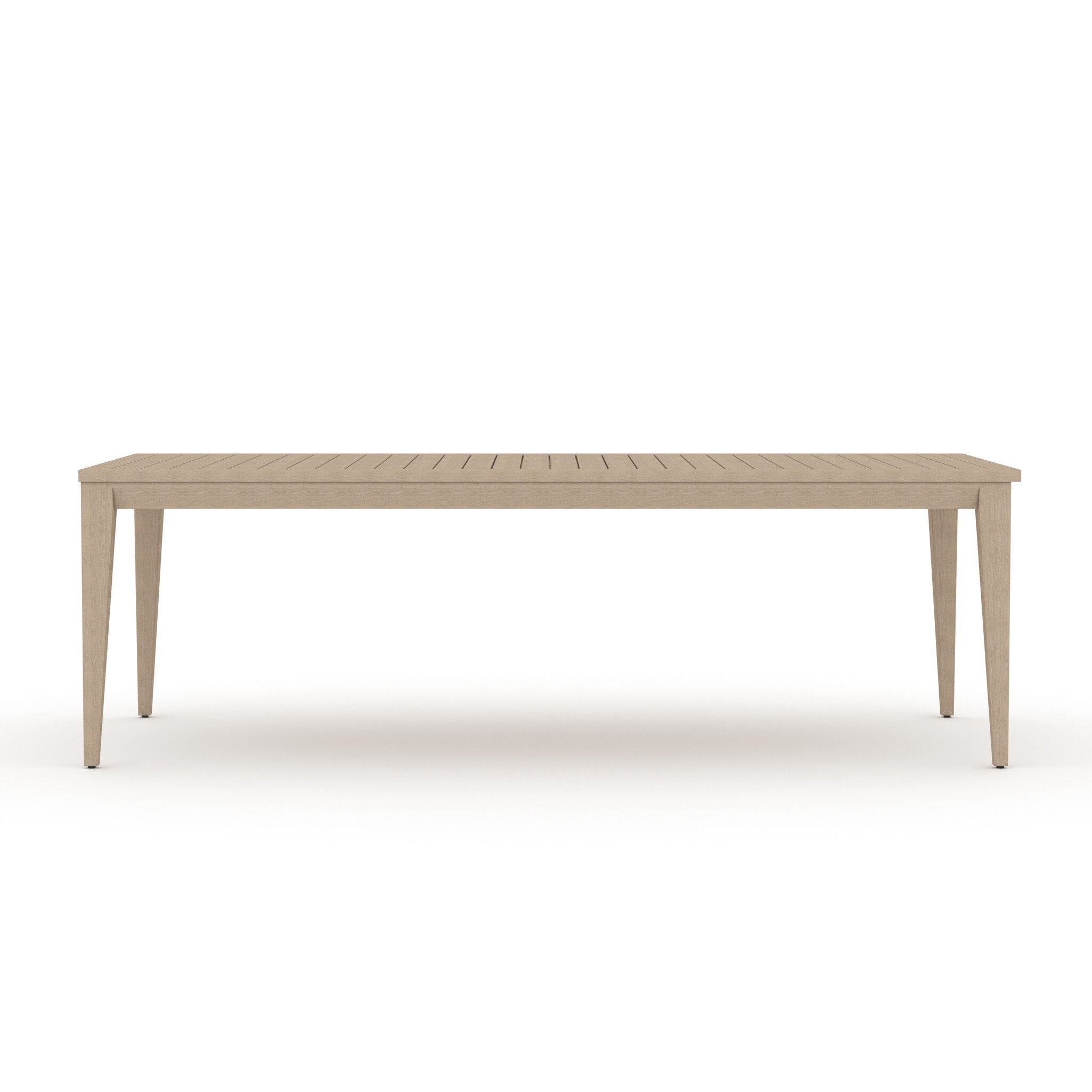 Washed brown outdoor dining table on a white background.