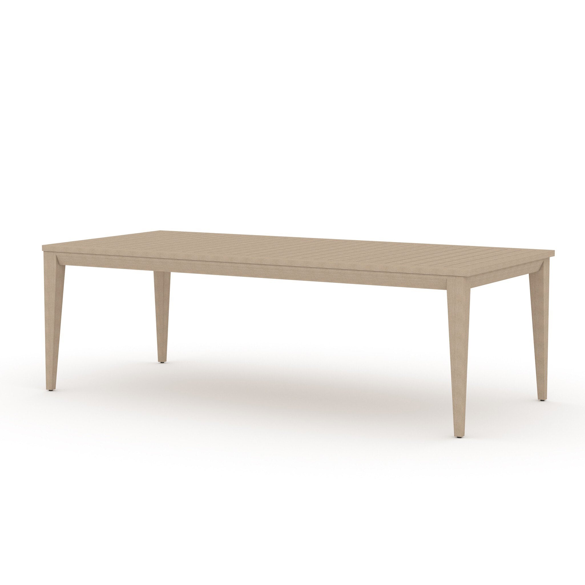 Washed brown outdoor dining table on a white background.