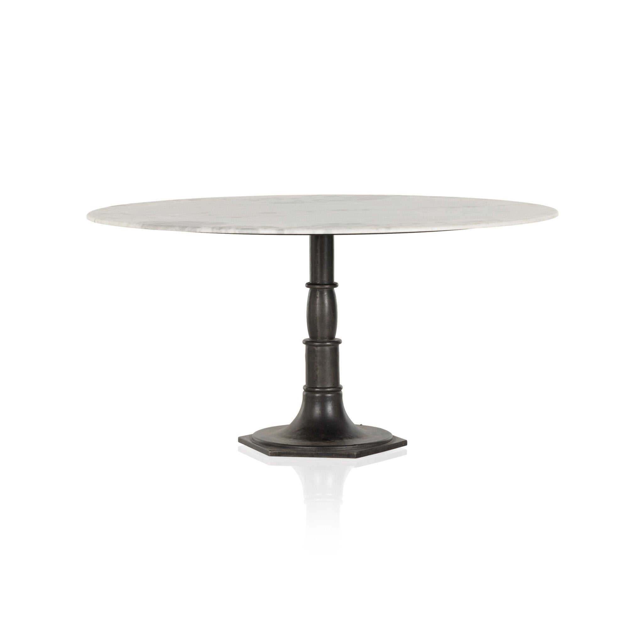 Round marble table with a black metal pedestal base on a white background.