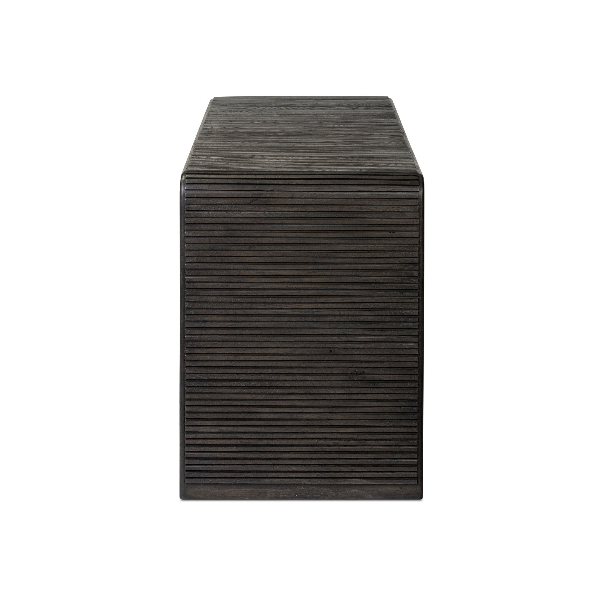 Smoked black oak console table with reeding and rounded edges on a white background.