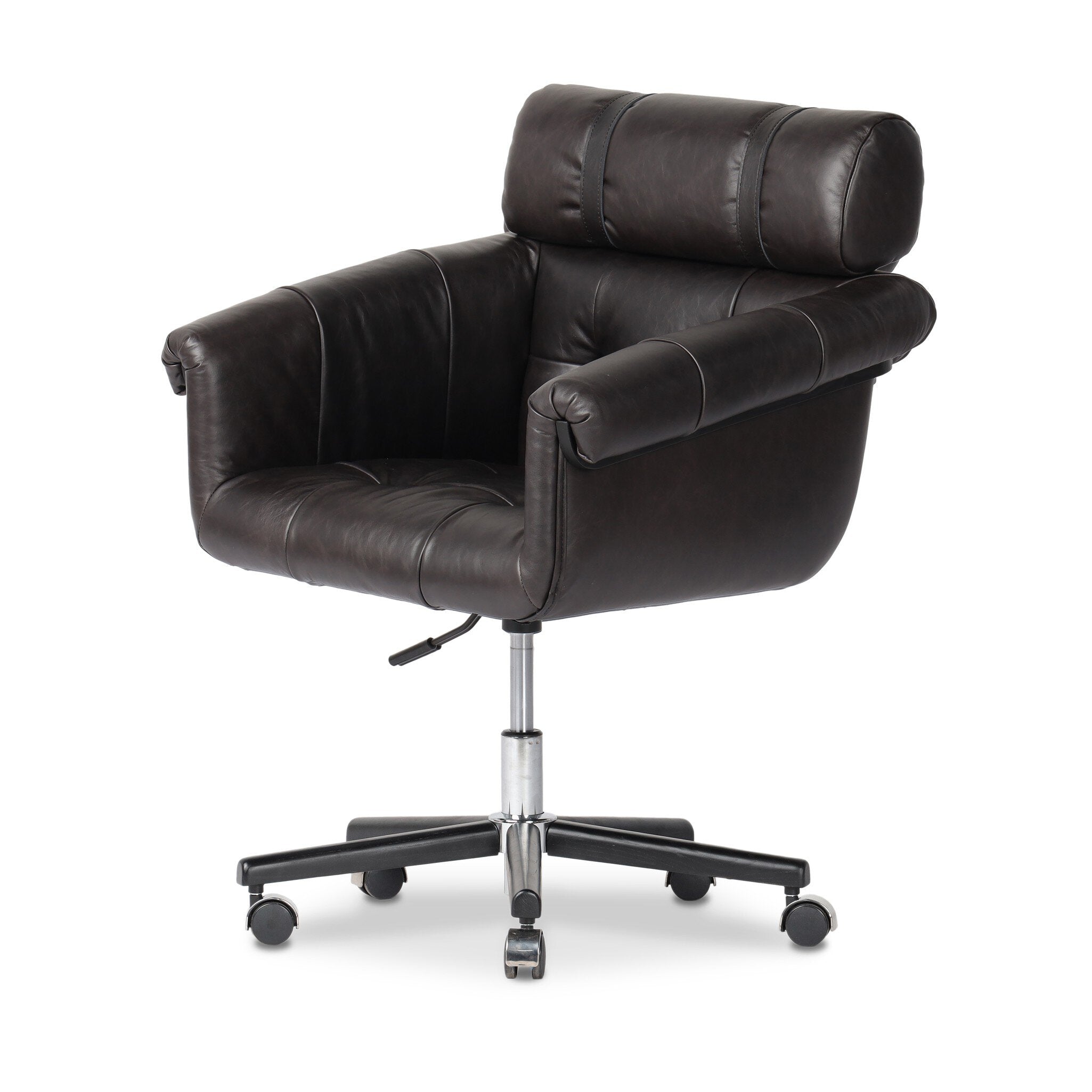 Tufted black leather desk chair with a chrome and black base on a white background.