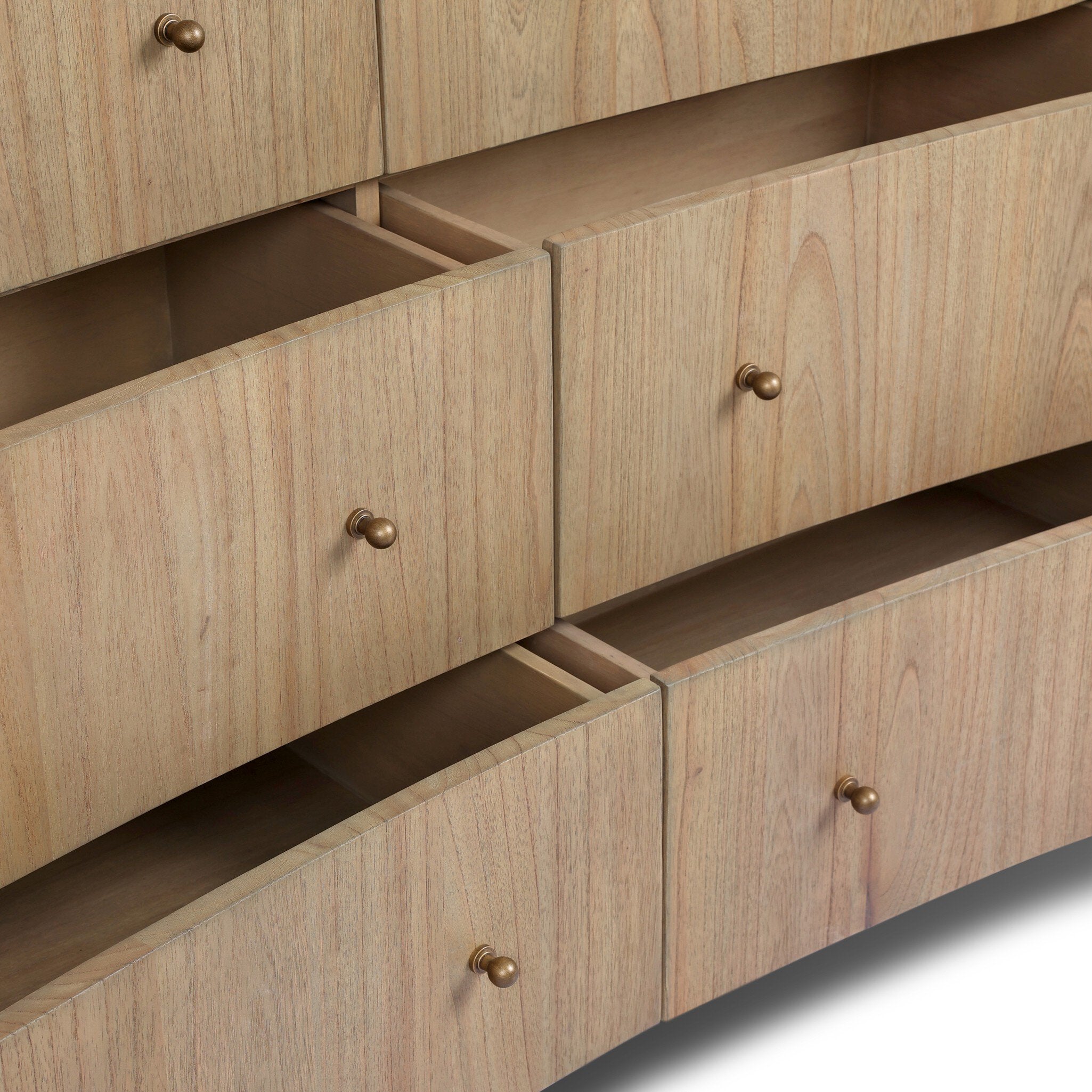 Wooden cabinet with open drawers and closed doors on a white background