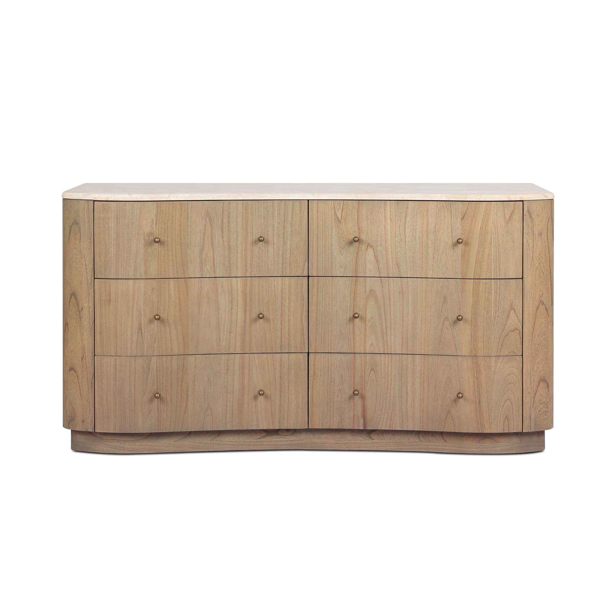 Wooden dresser with six drawers on a white background.