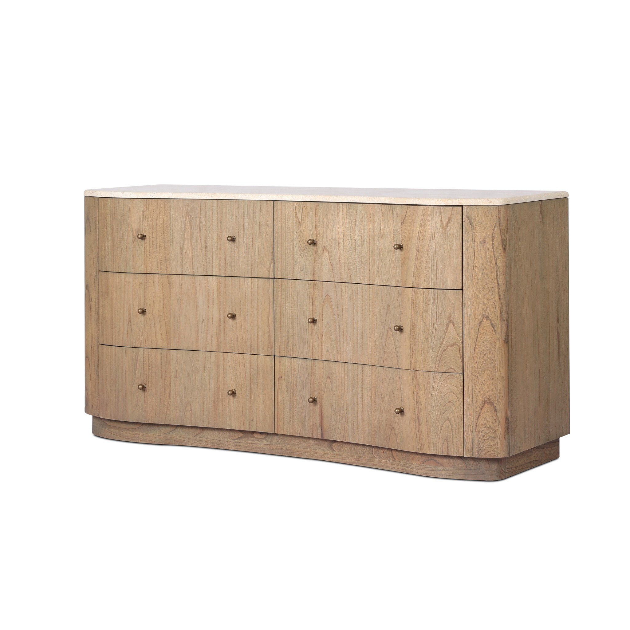 Wooden dresser with six drawers on a white background.