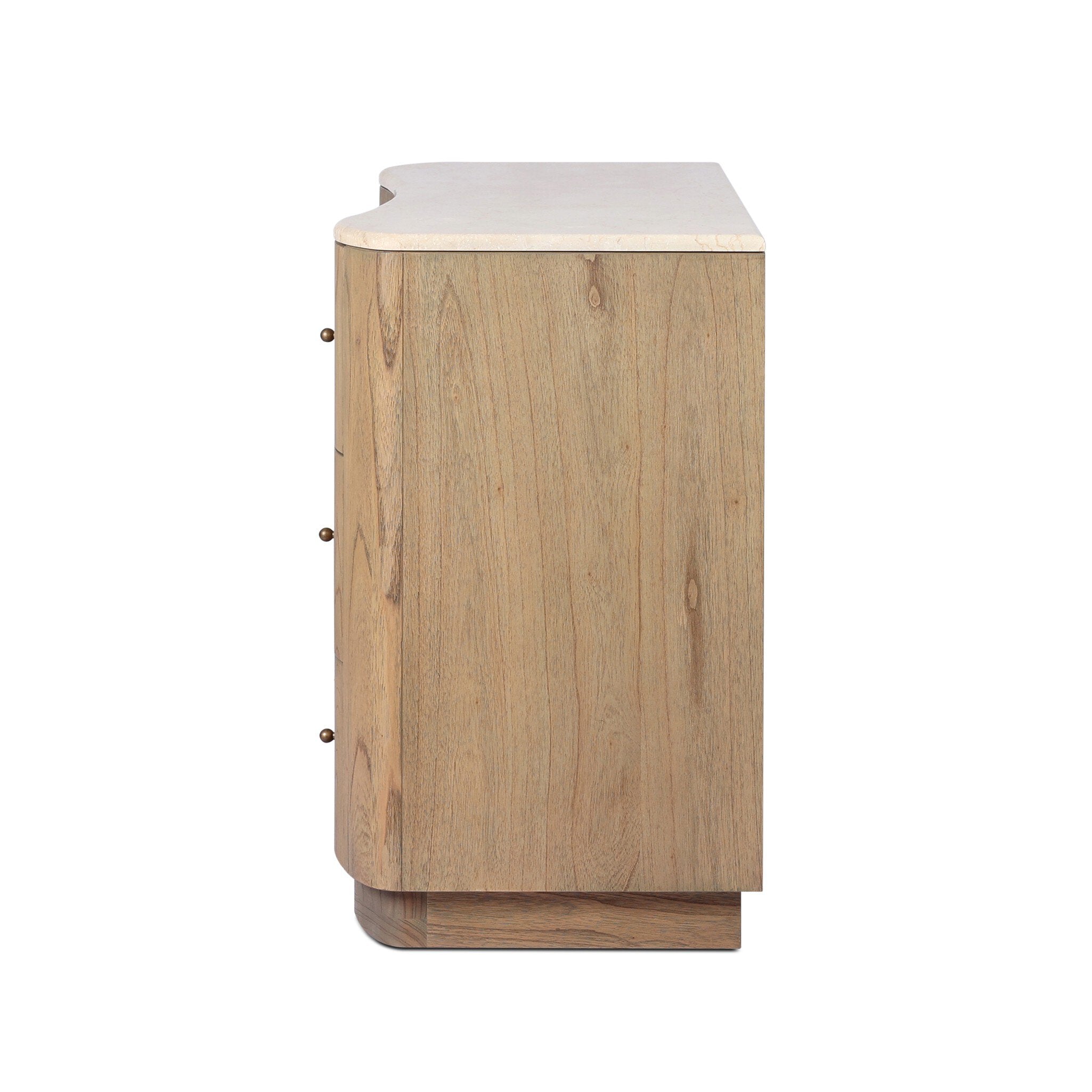 Wooden dresser with six drawers on a white background.
