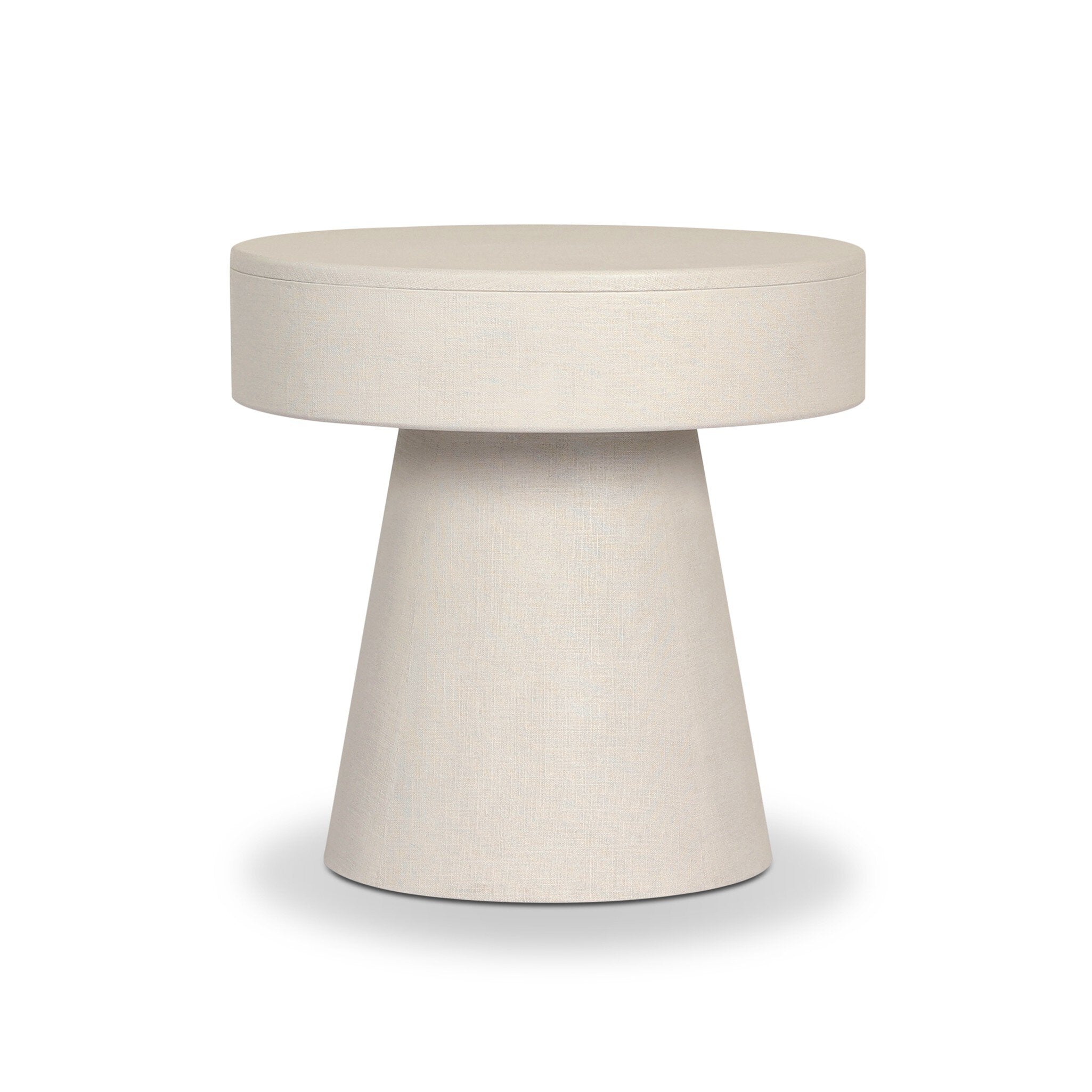 Round nightstand with a single drawer on a white background.