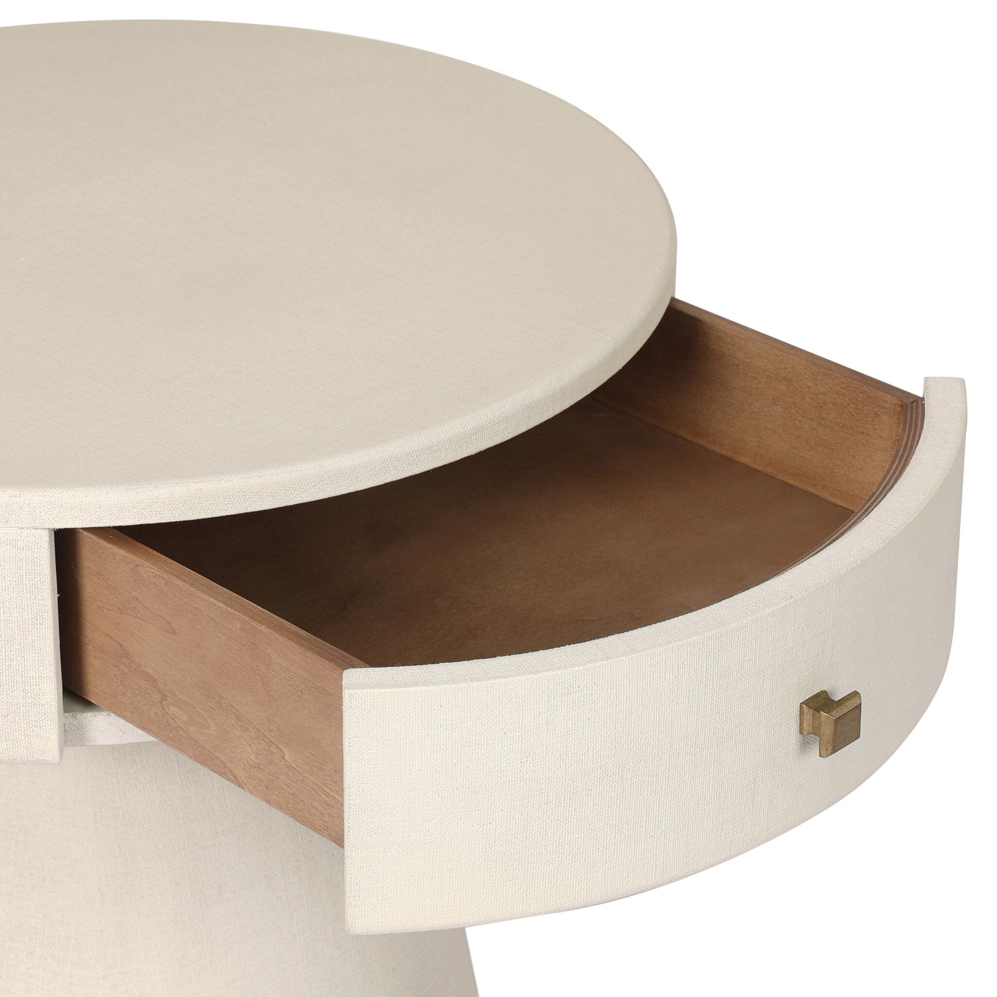 Round nightstand with a single drawer on a white background.