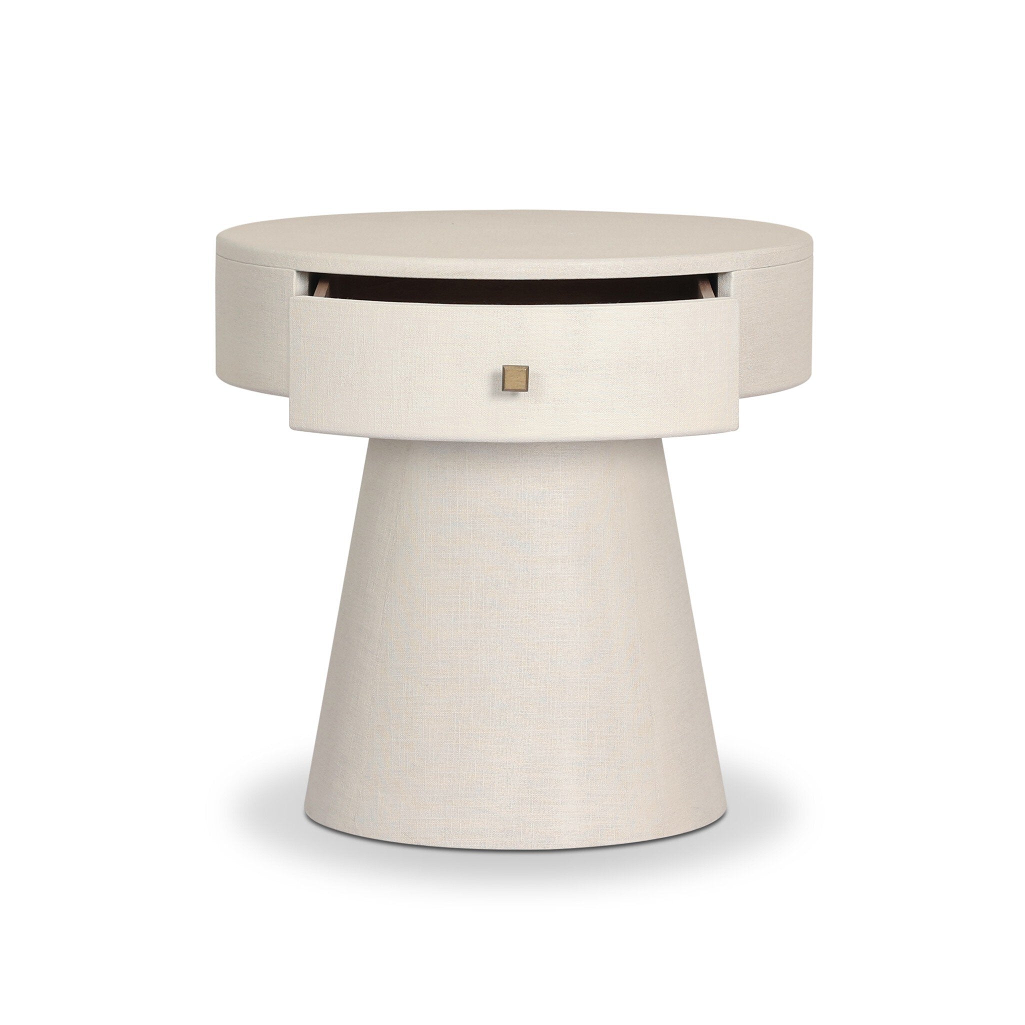 Round nightstand with a single drawer on a white background.