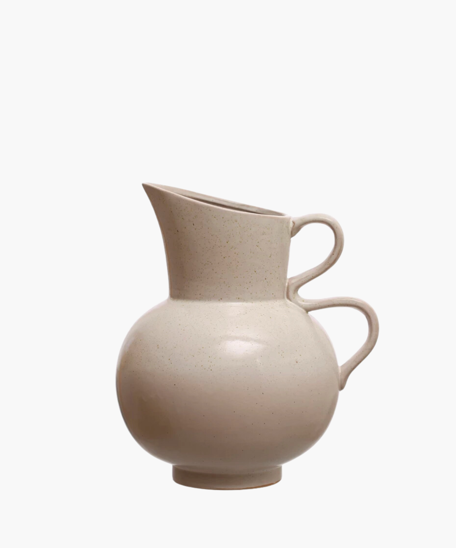 Elegant beige ceramic pitcher with a speckled texture, featuring a wide base, narrow spout, and two curved handles. The style is minimalist and modern.