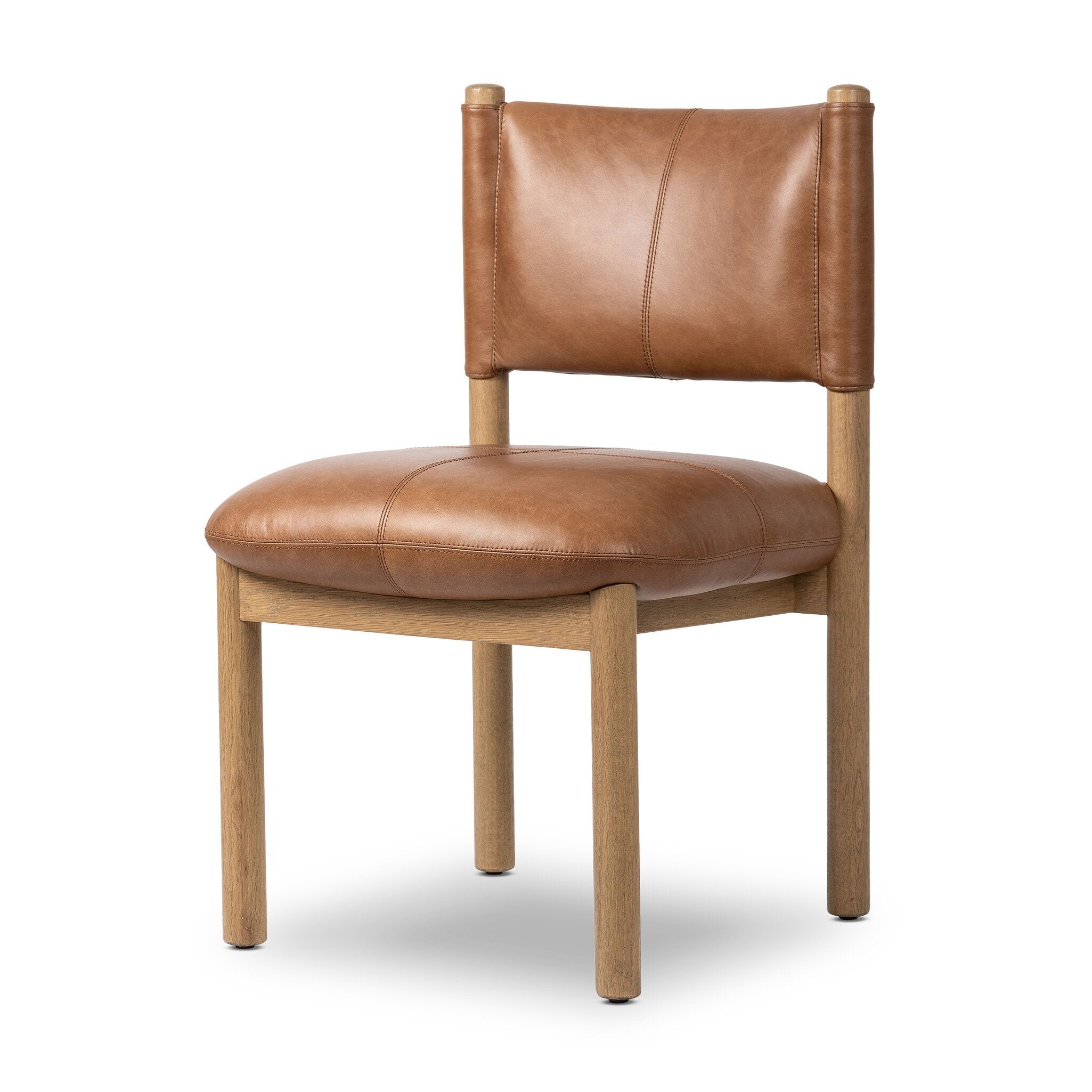 Brown leather dining chair with wooden frame on a white background.