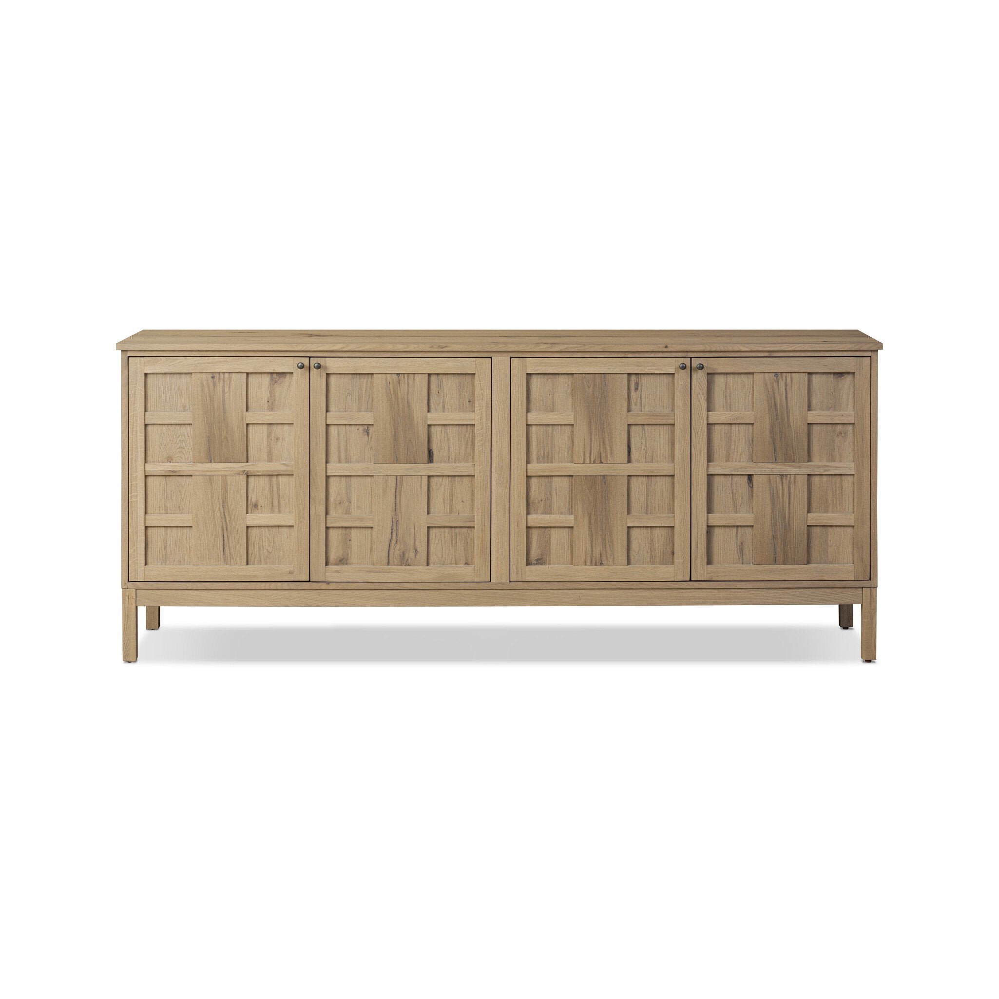 Wood sideboard with a grid like pattern on the doors on a white background.