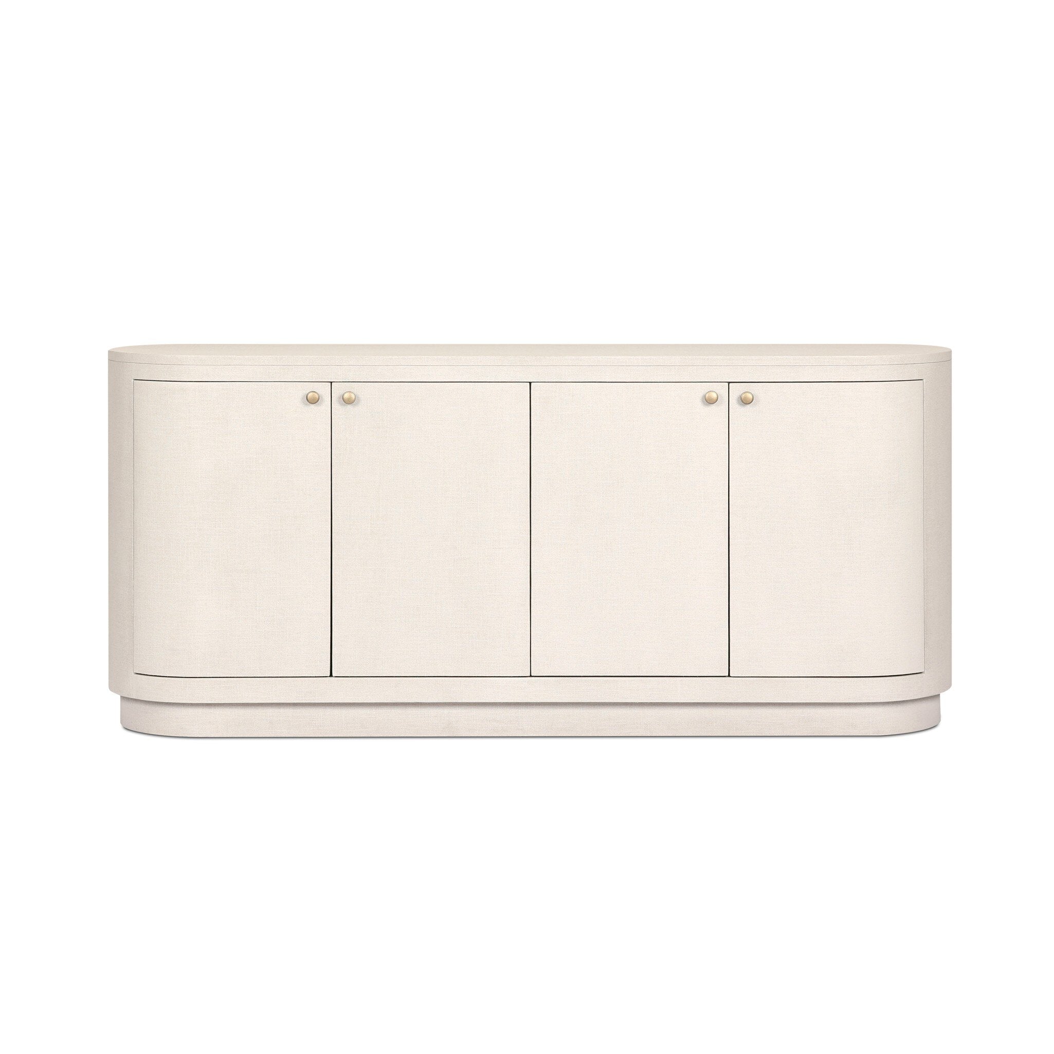 White oval shaped sideboard cabinet with four doors on a white background.