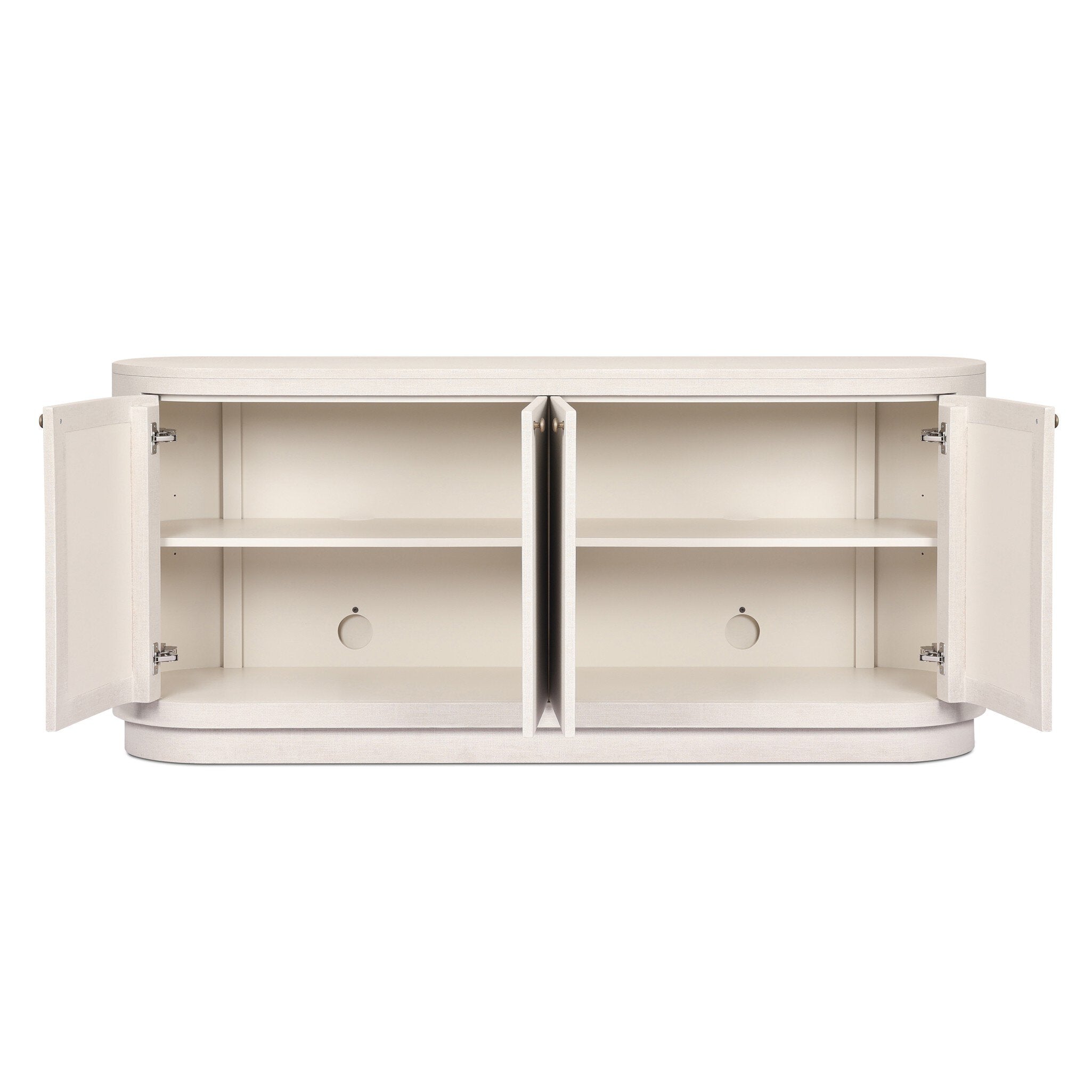 White oval shaped sideboard cabinet with its doors open on a white background.