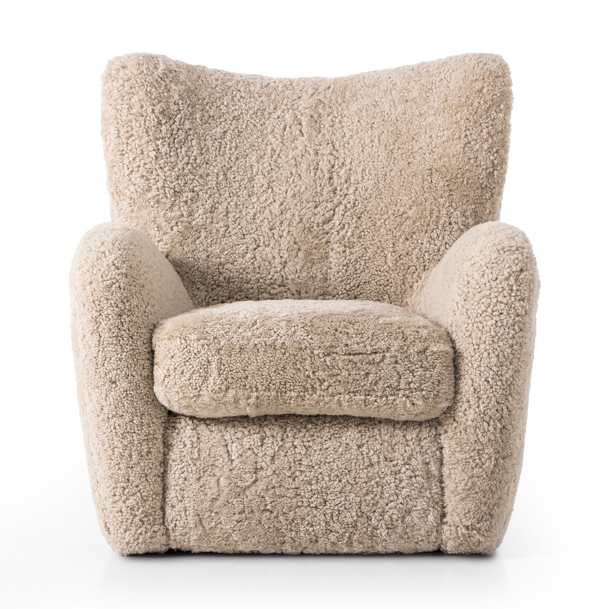Natural beige shearling armchair on a white background.
