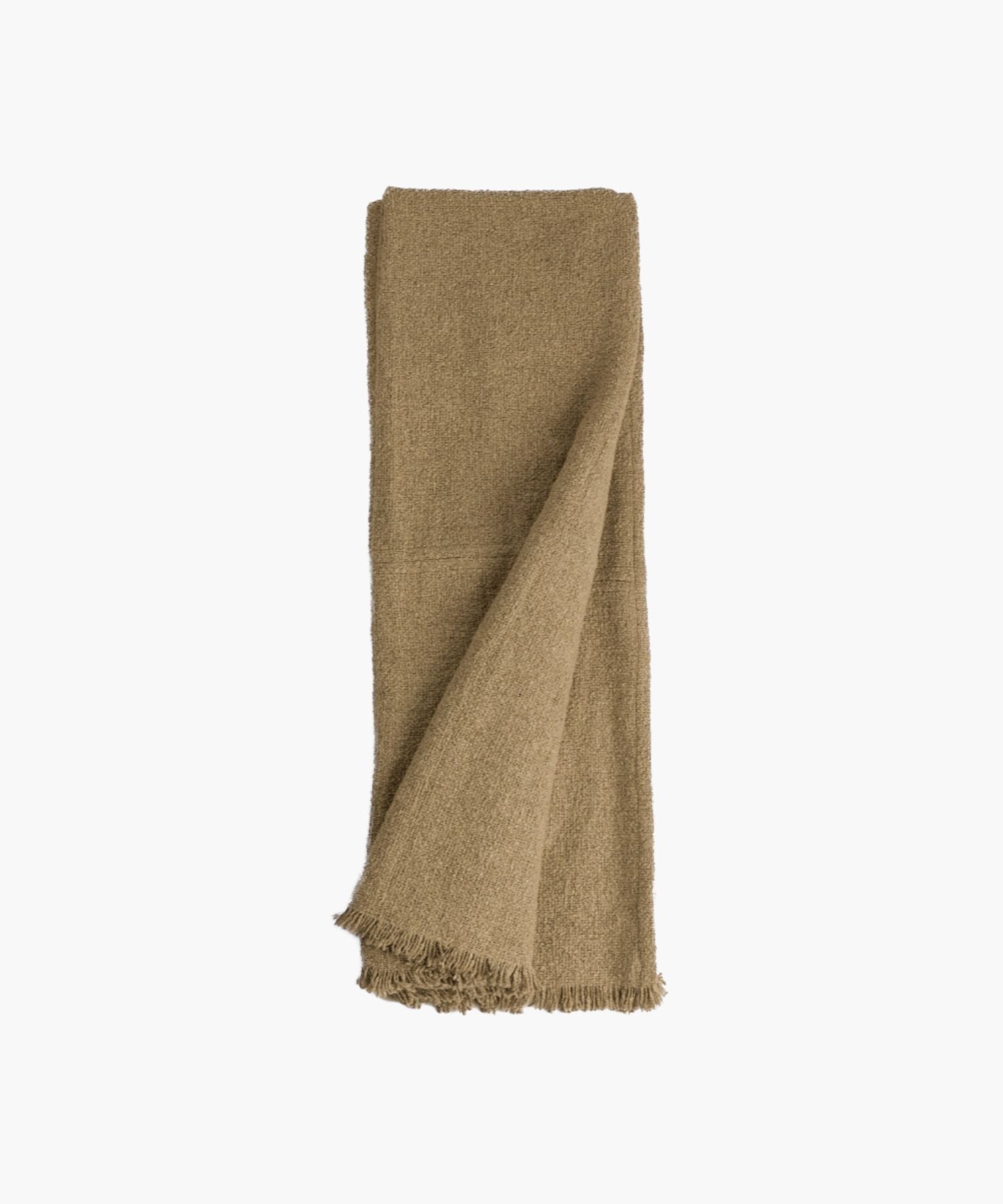 Folded oversized bronze colored decorative throw on a white background highlighting texture, edge finish, and cozy styling.