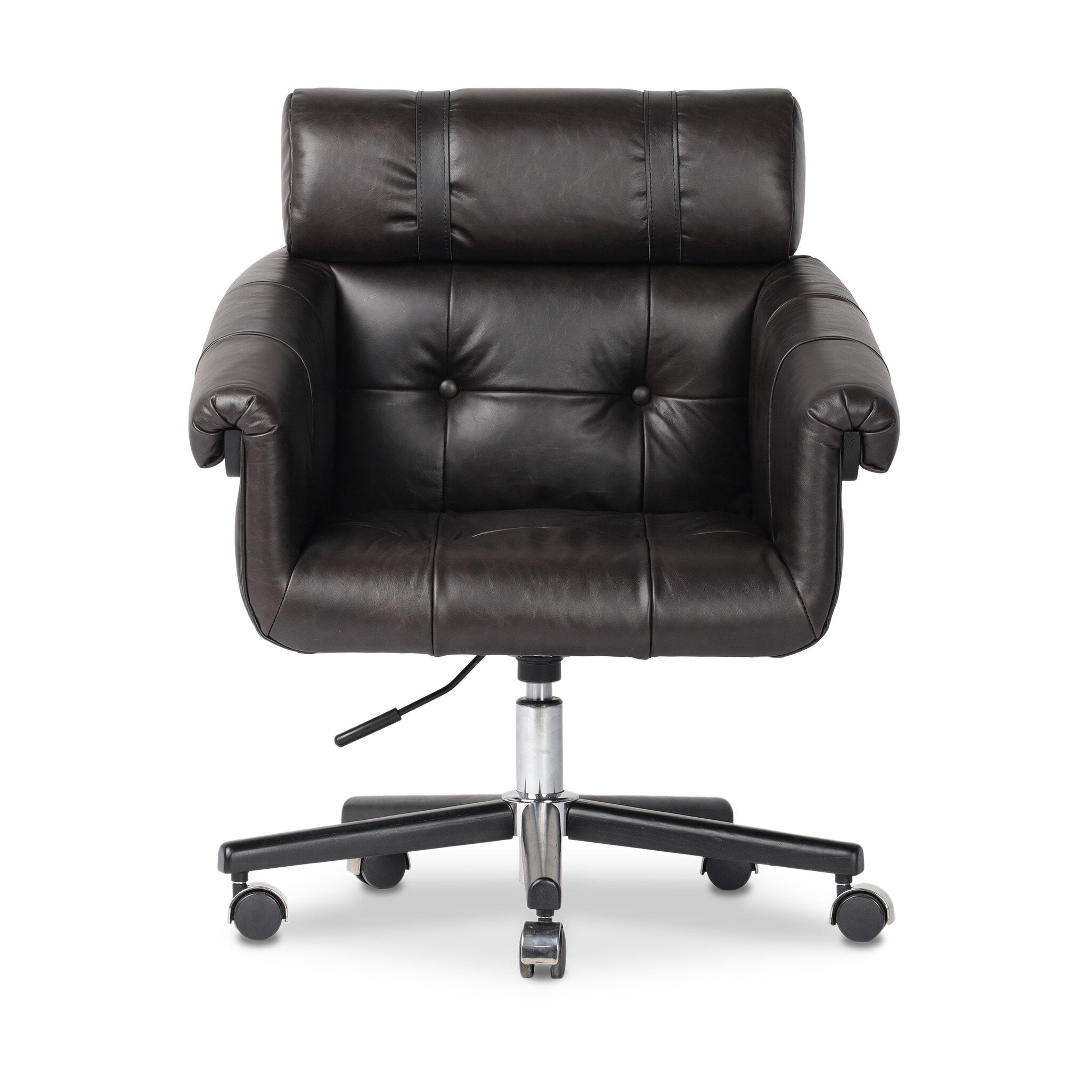 Tufted black leather desk chair with a chrome and black base on a white background.