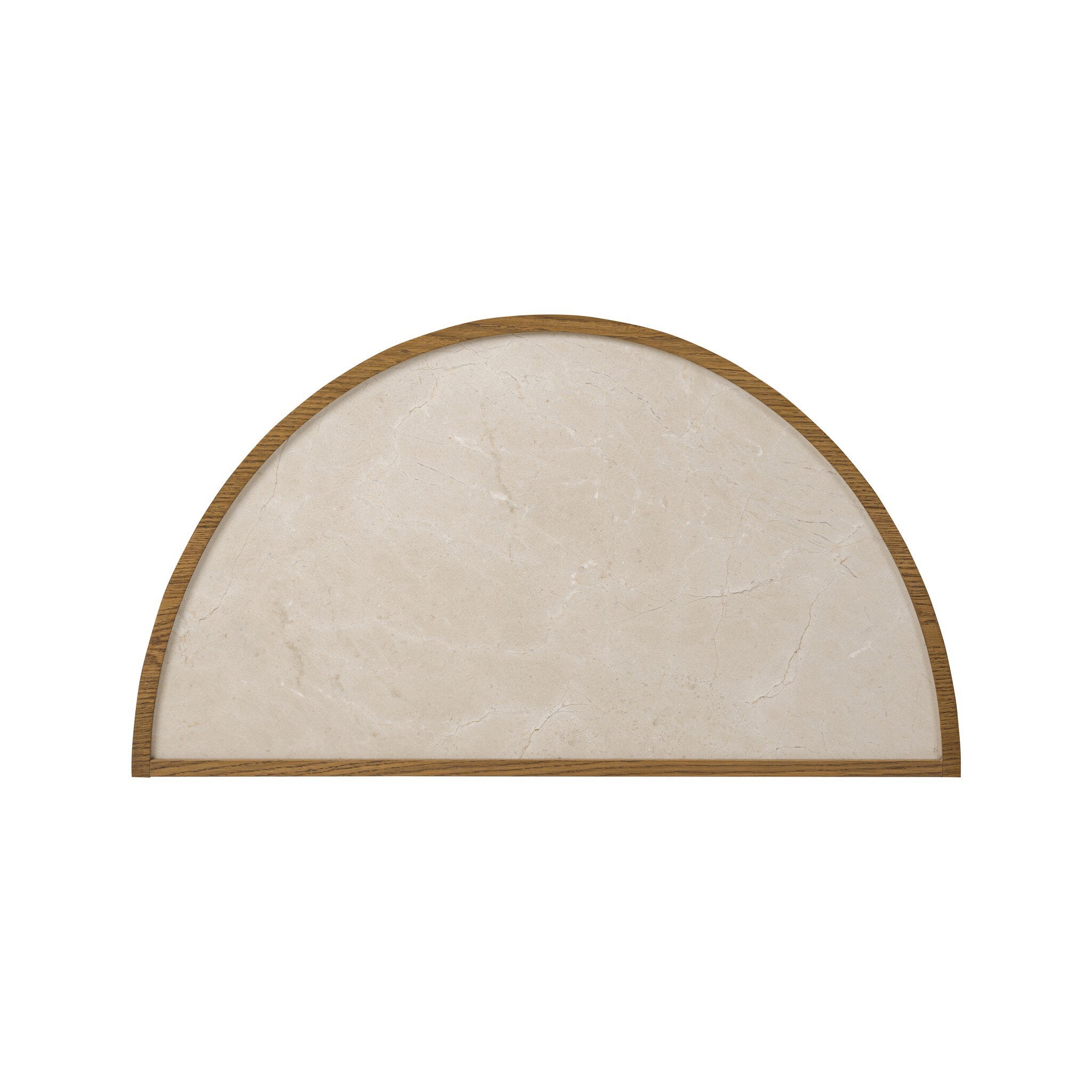 Overhead view of a crescent style night stand with doors and cream marble top.