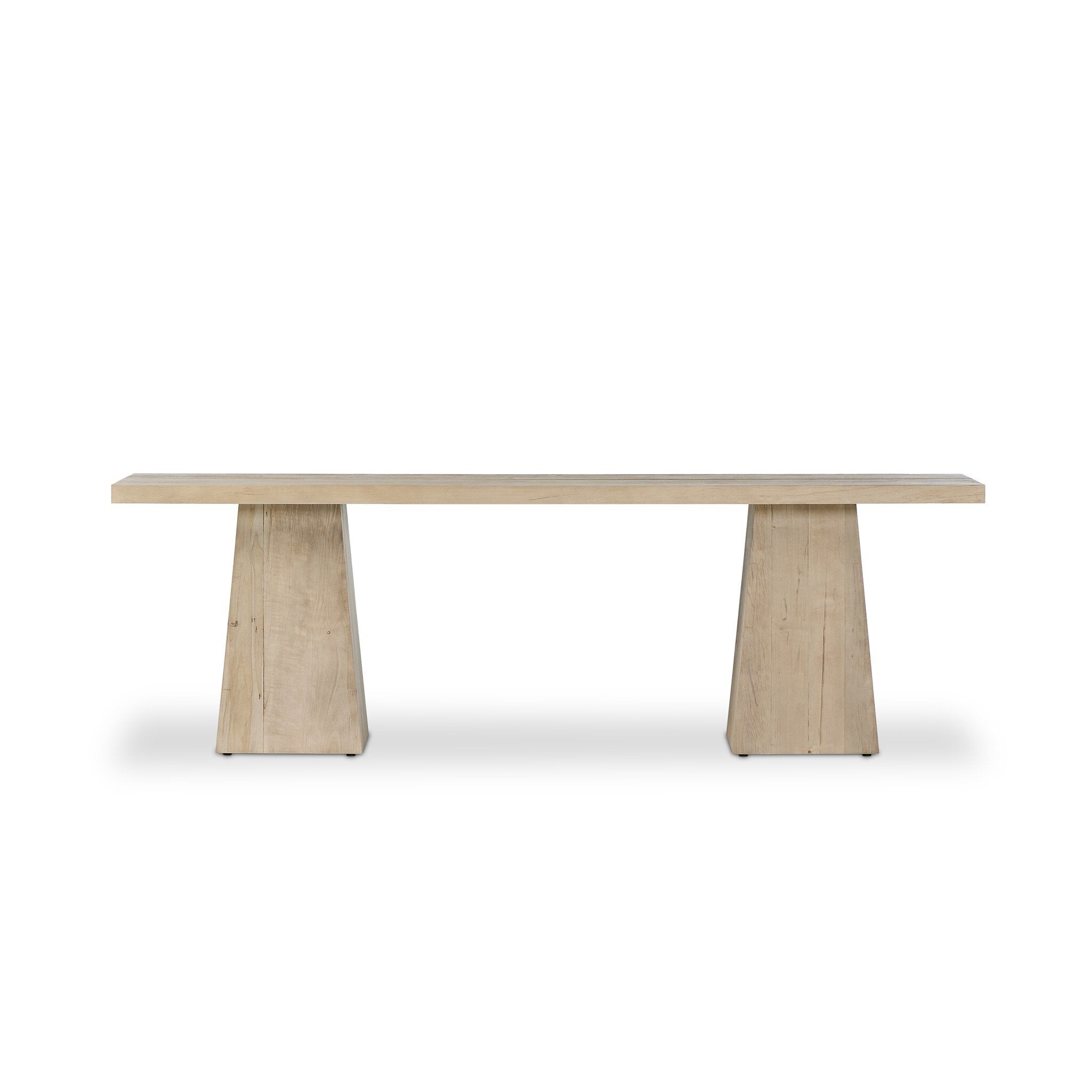 Wooden console table with a minimalist design on a white background.