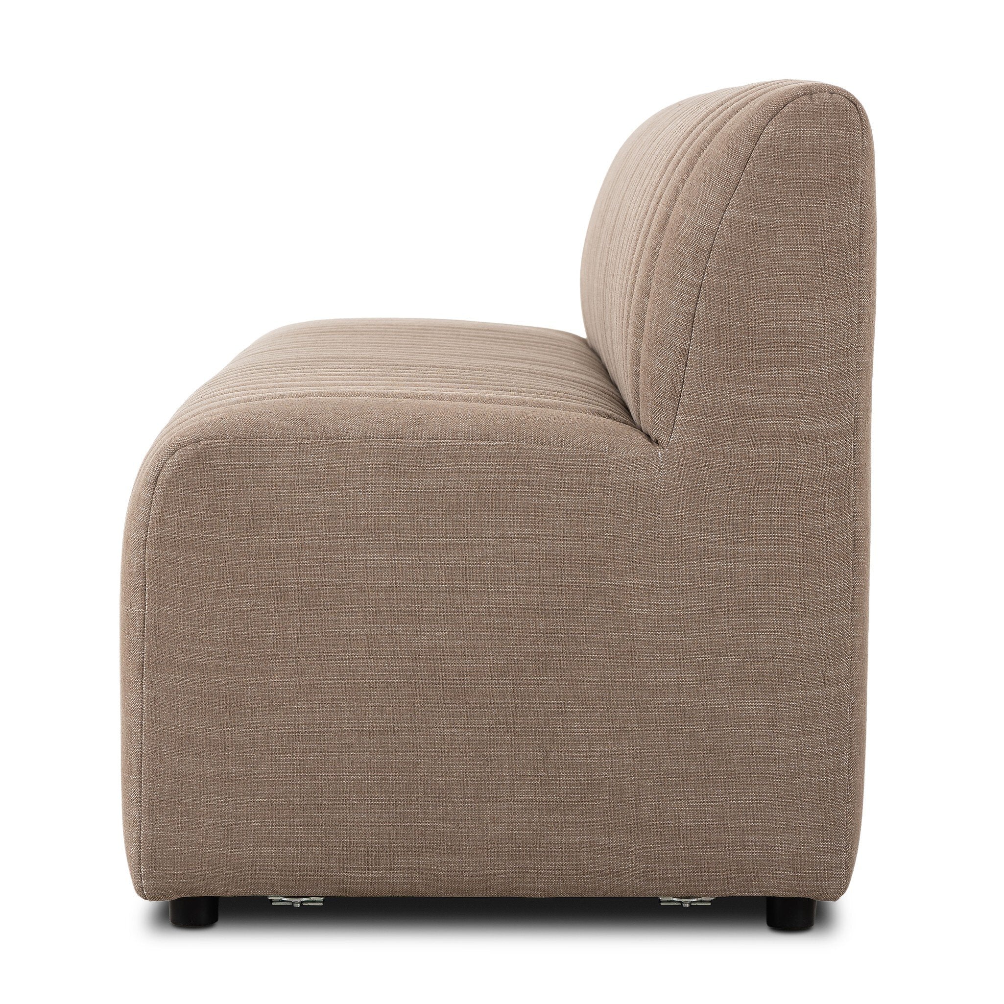 Side profile of a taupe dining banquette with quilted texture on a white background.