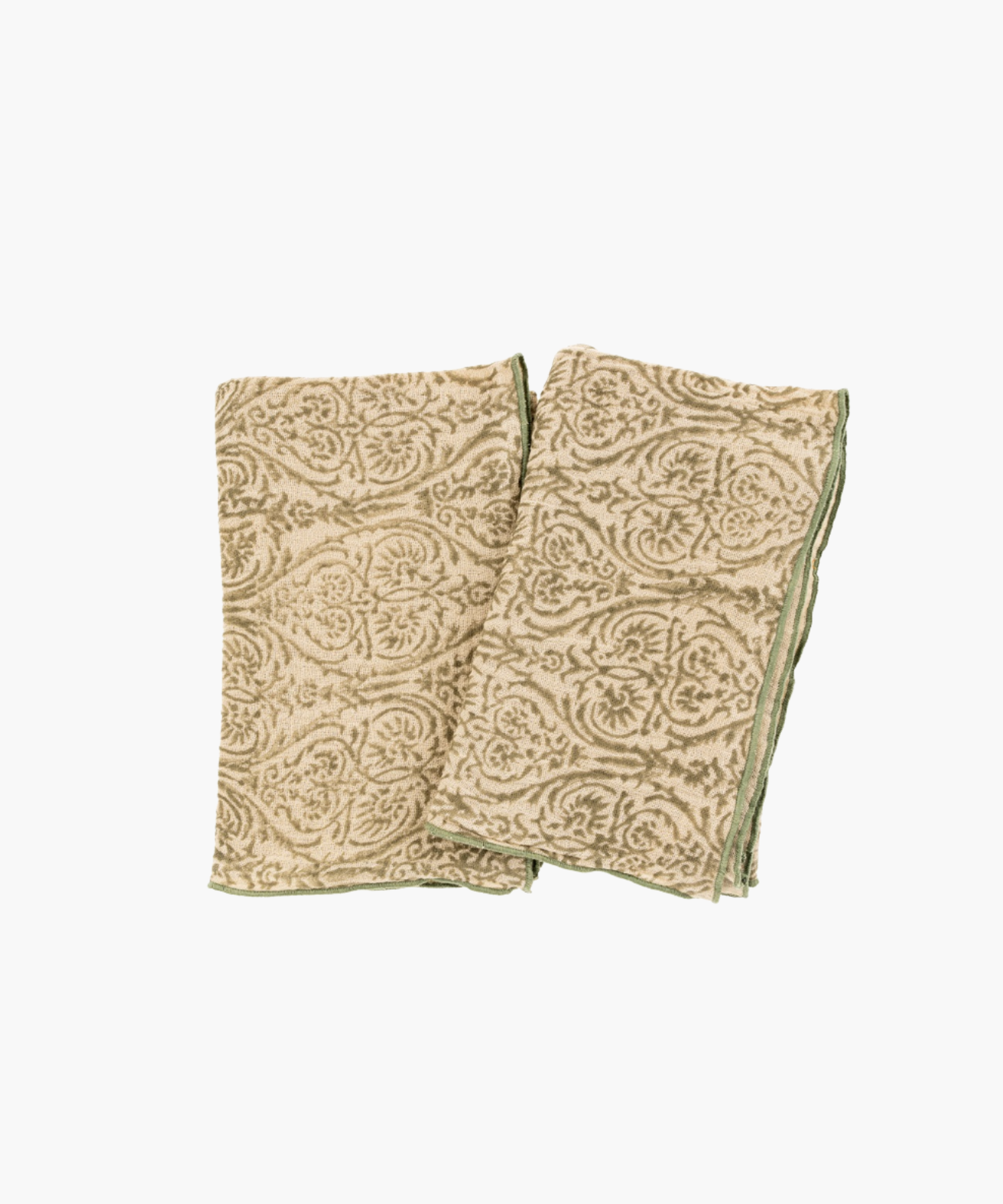Two beige cloth tea towels with intricate green floral patterns and green edges, arranged side by side. The design feels elegant and vintage.