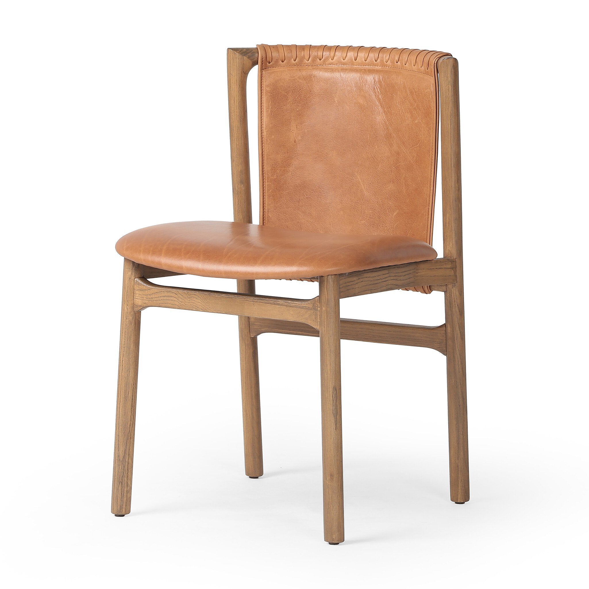 Tobacco-grain leather chair with leather wrap detailing on a wooden frame on a white background.