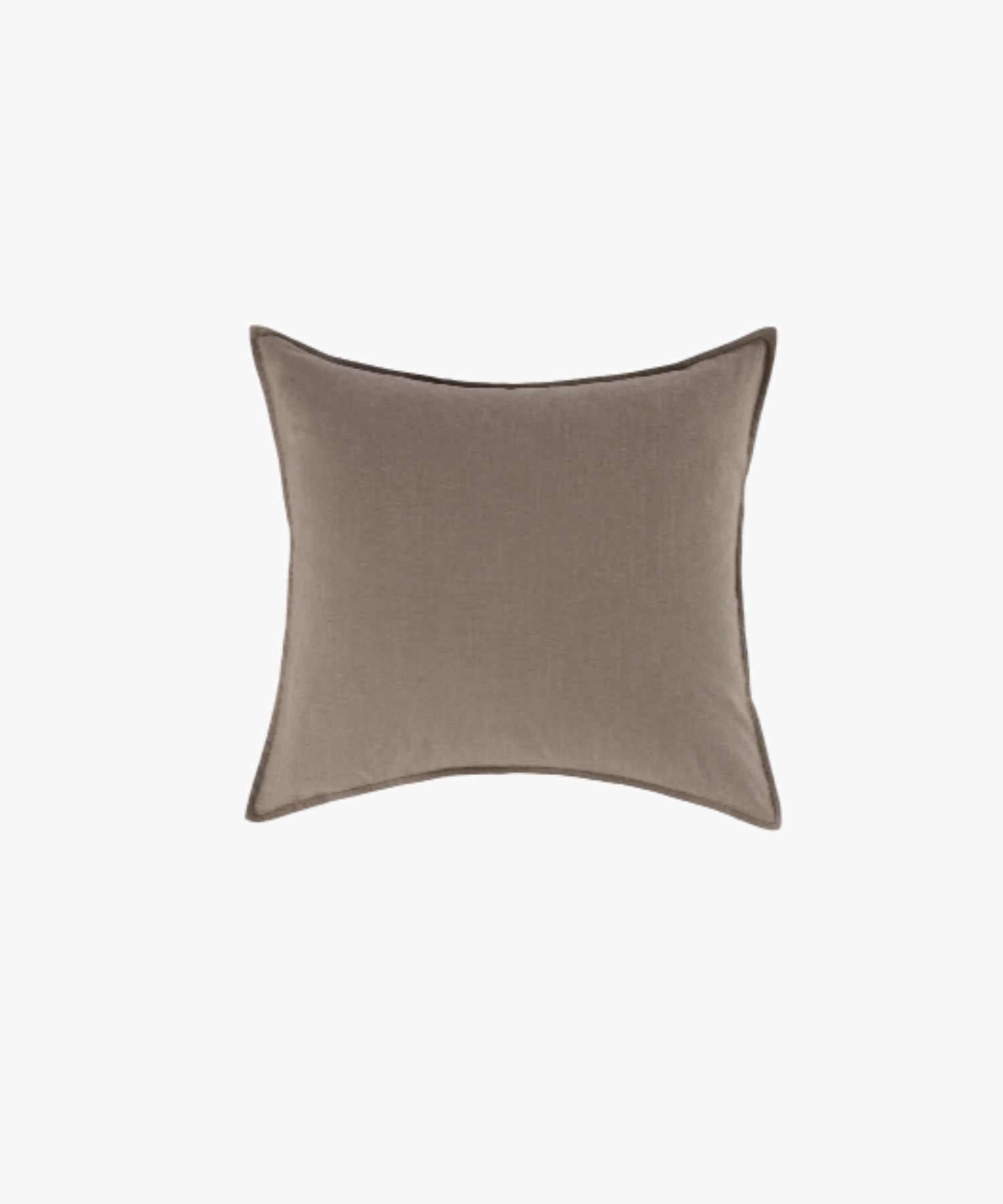 Square neutral brown pillow cover on a white background showing flange detailing, fabric texture, and muted palette.