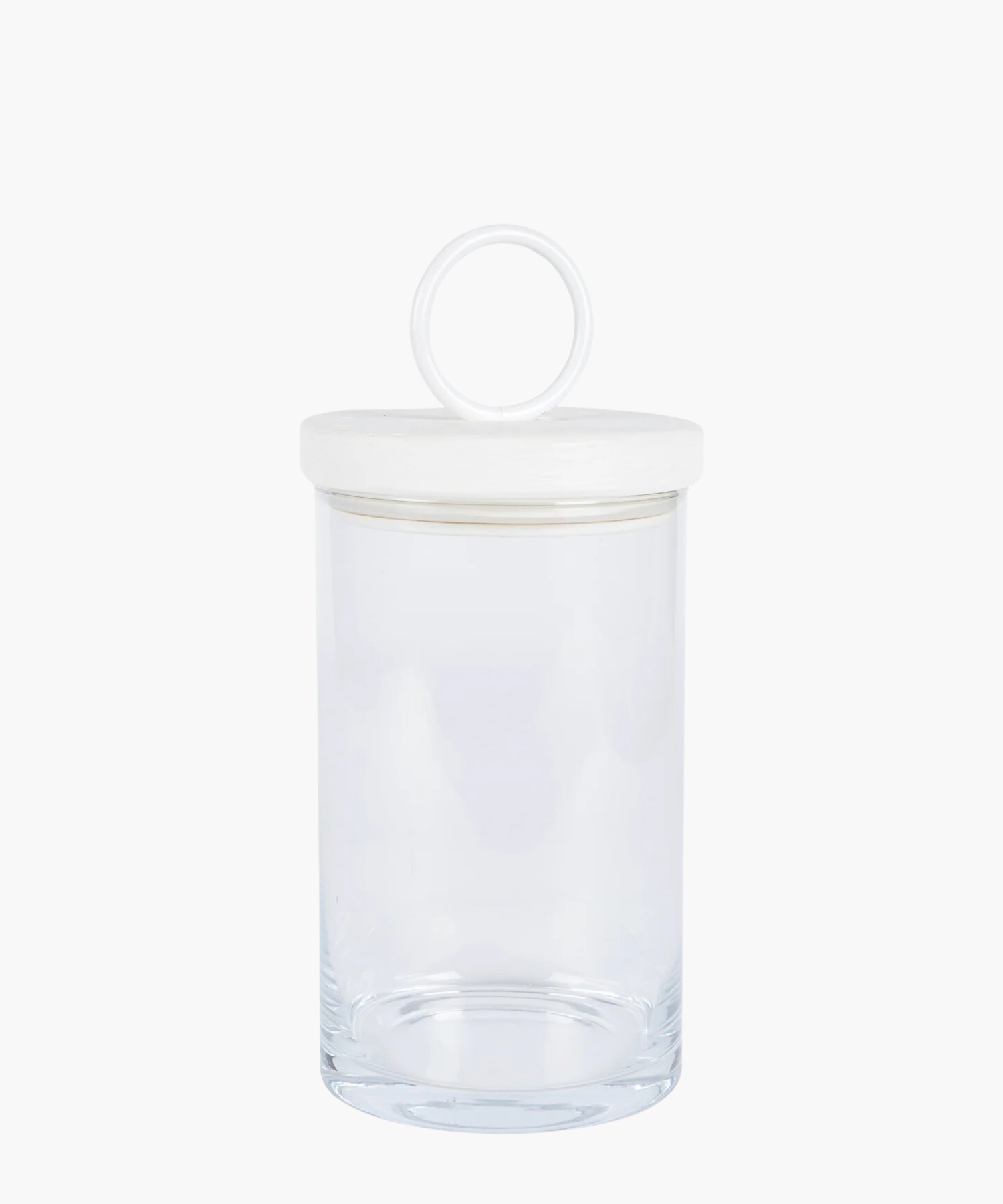 Clear glass jar with a round, white iron and reclaimed wood lid featuring a loop handle. The jar is empty, showcasing its clean and minimalist design.
