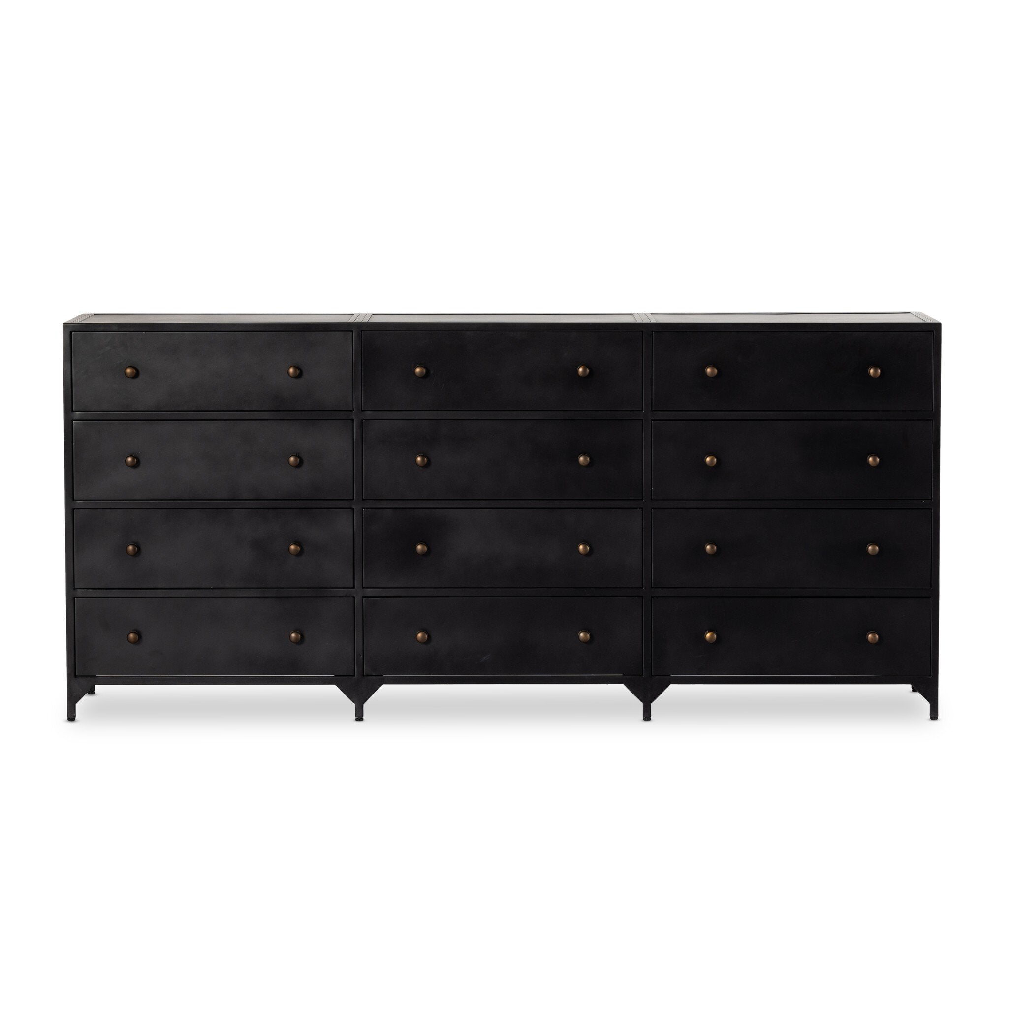 Black dresser with twelve drawers and bronze knobs on a white background.