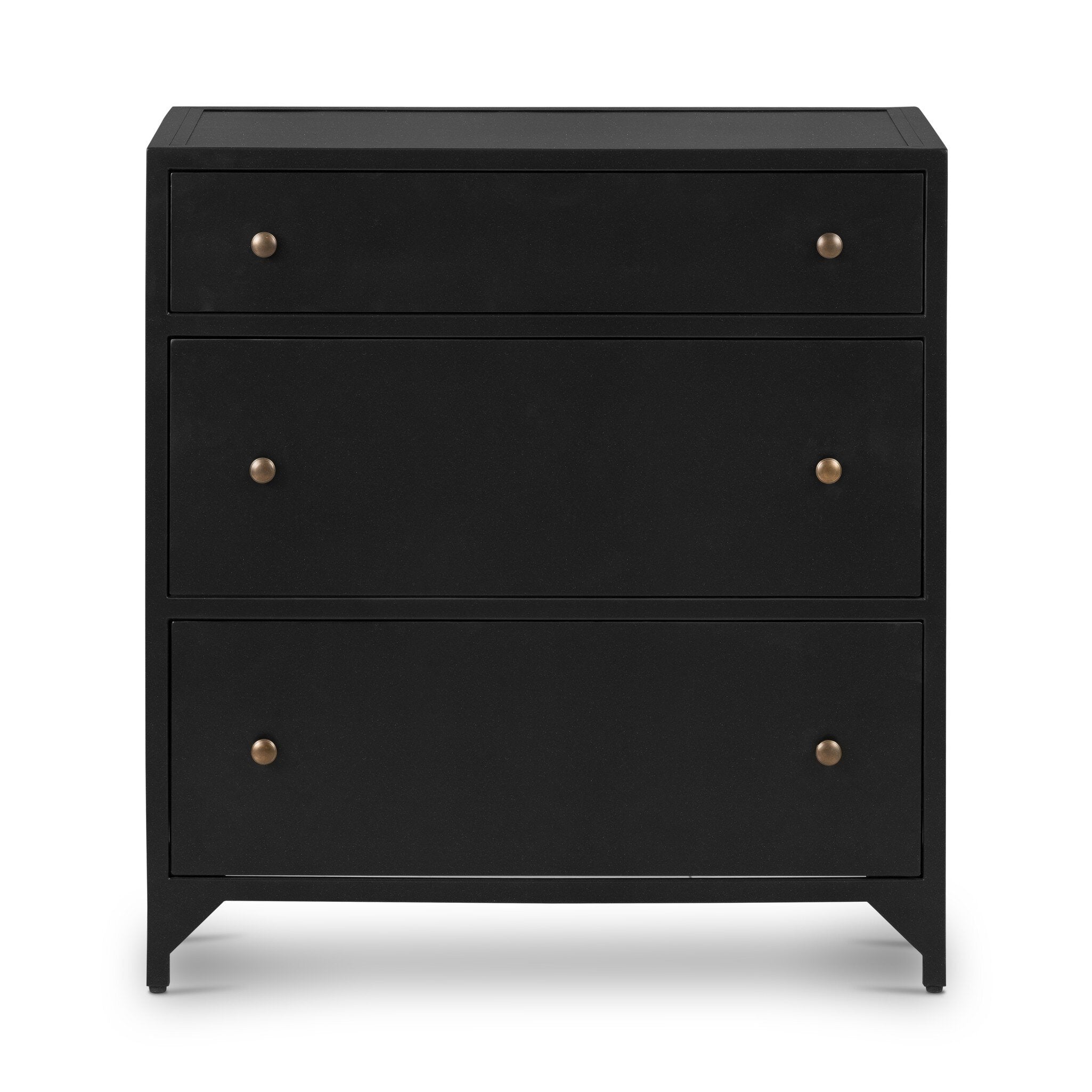 Black dresser with three drawers and metallic knobs on a white background.