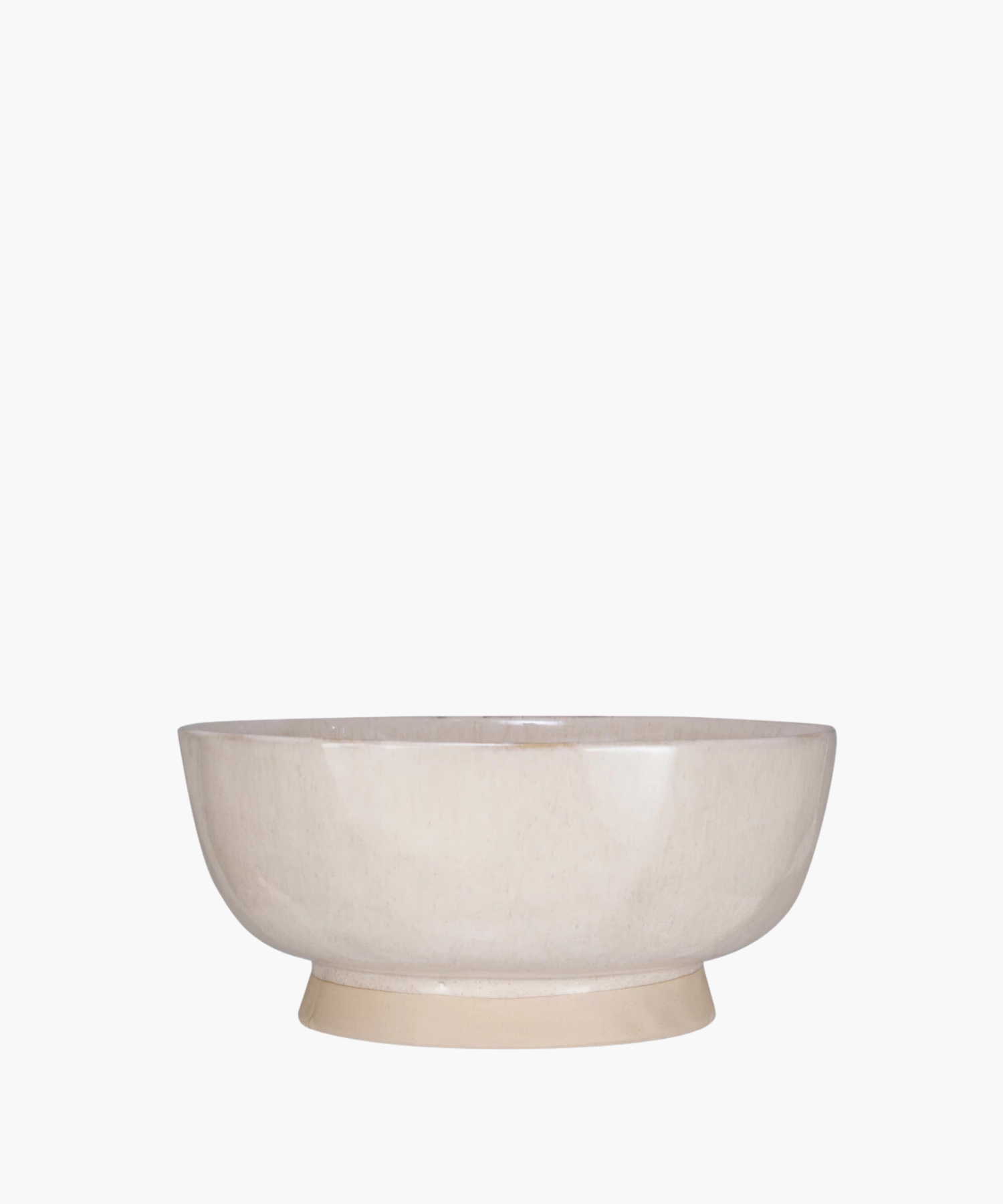 A simple, round, beige ceramic bowl with a glossy finish, set against a white background. The bowl's minimalist design conveys a sense of elegance.