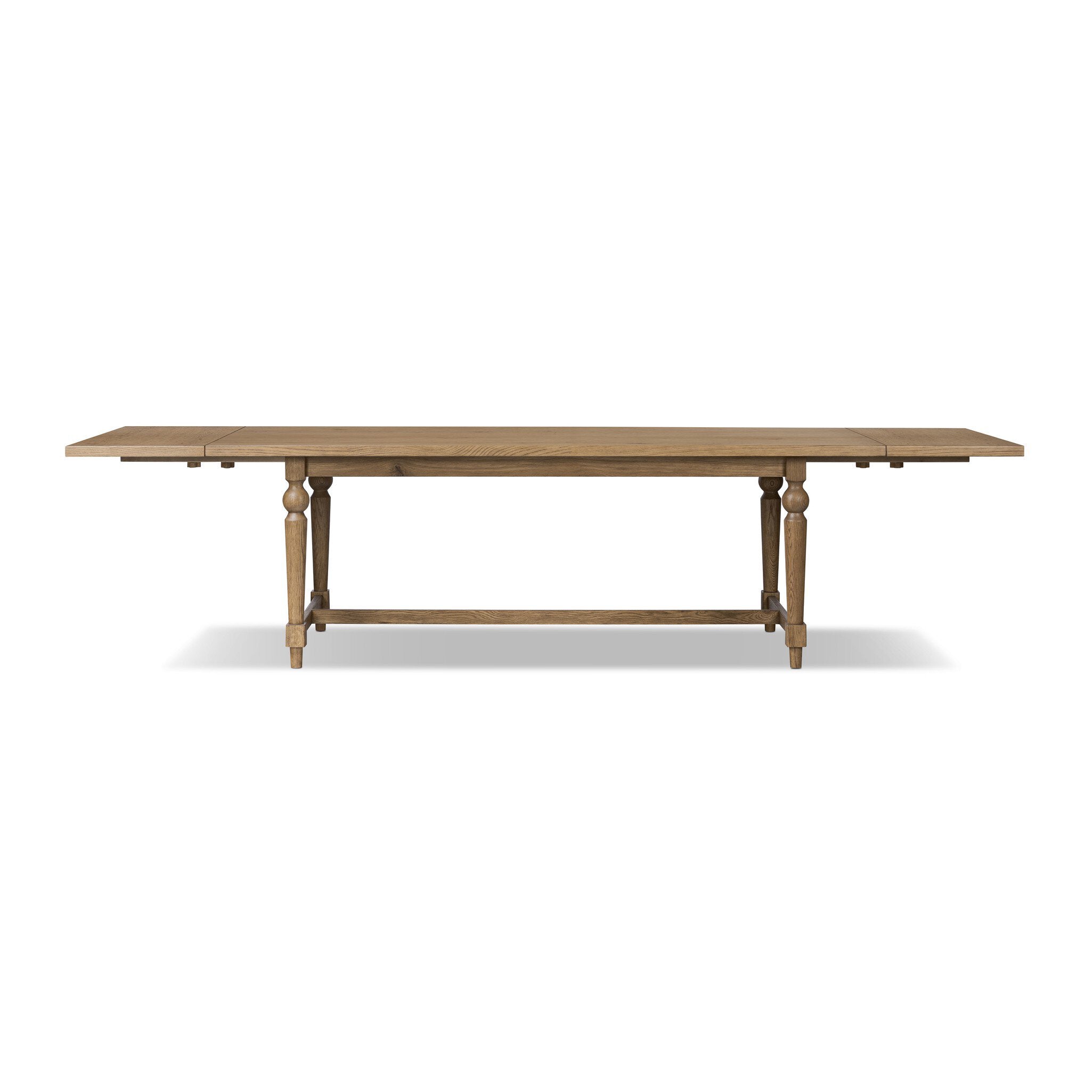 Rectangular wood dining table on a white background.