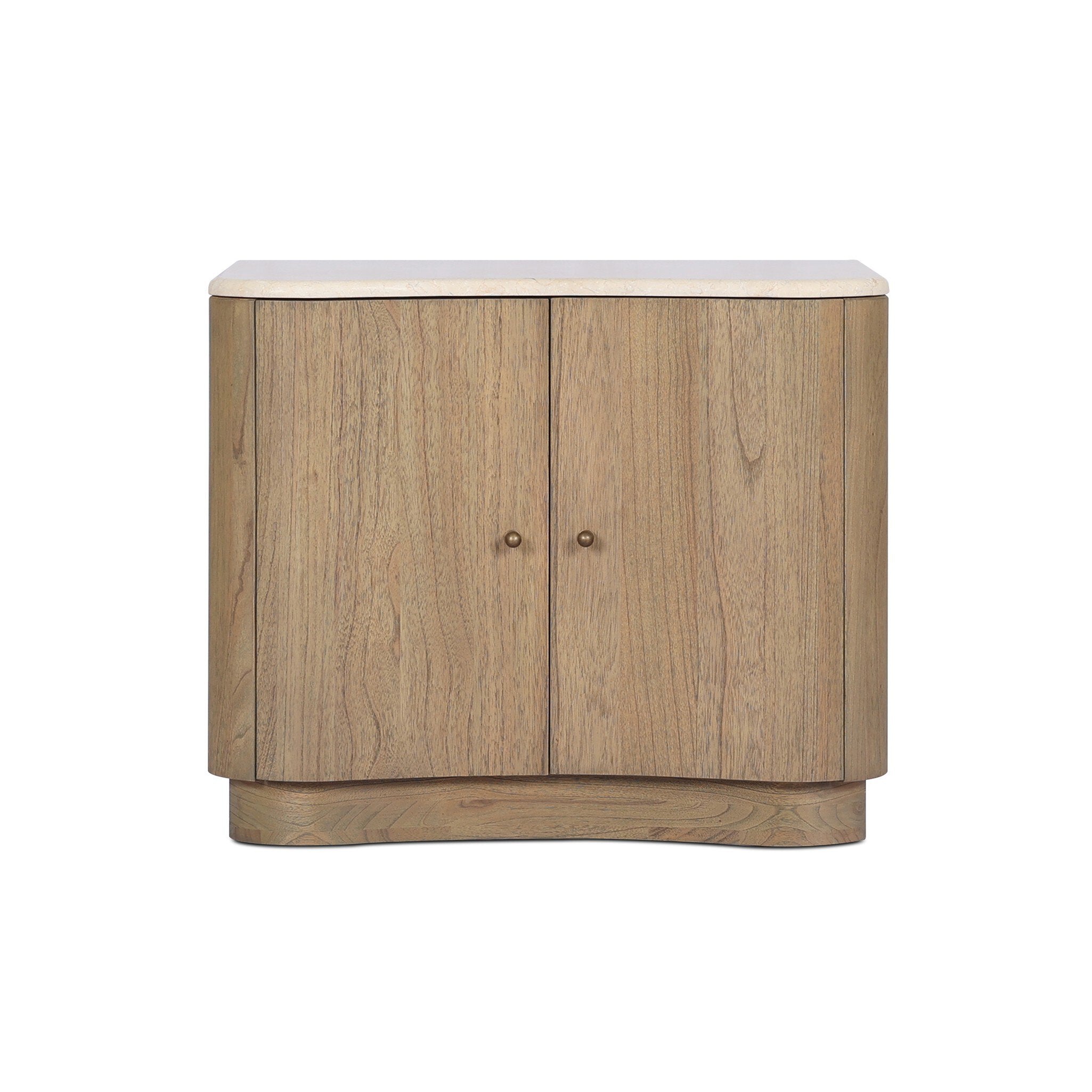 Wooden nightstand with two doors and a marble top on a white background.