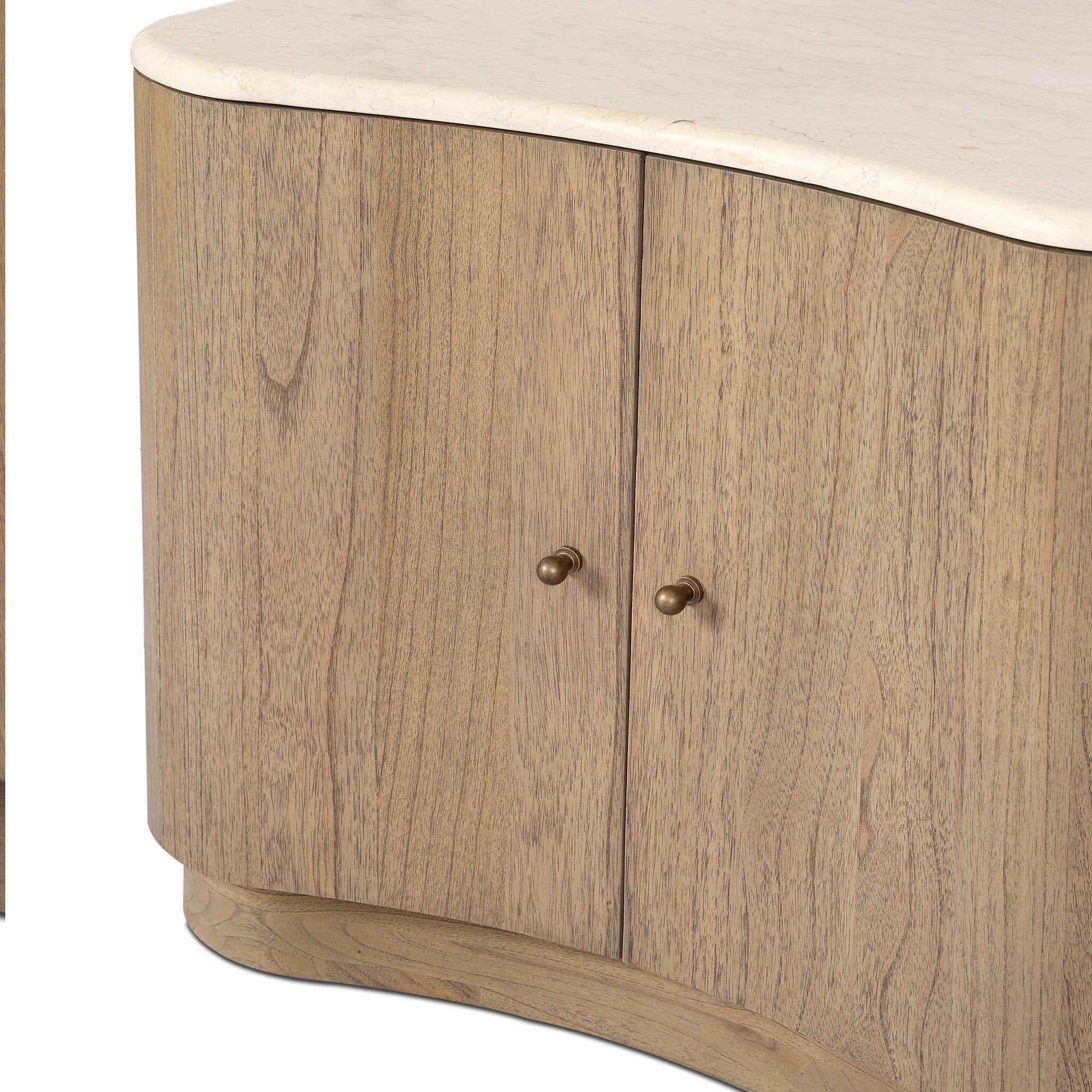 Close up of a wooden nightstand with two doors and a marble top on a white background.