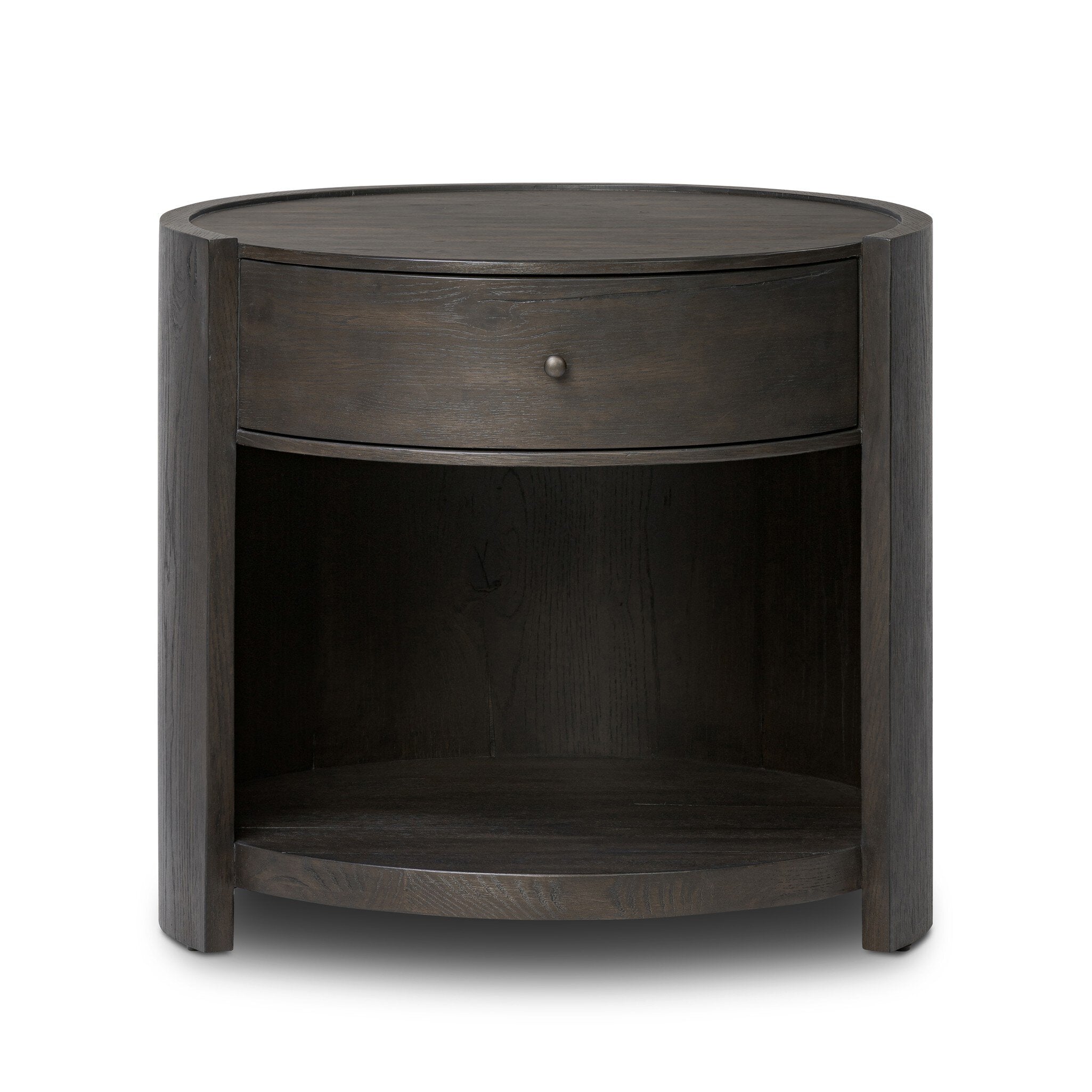 Round dark wooden nightstand with a drawer and a cubby on a white background.