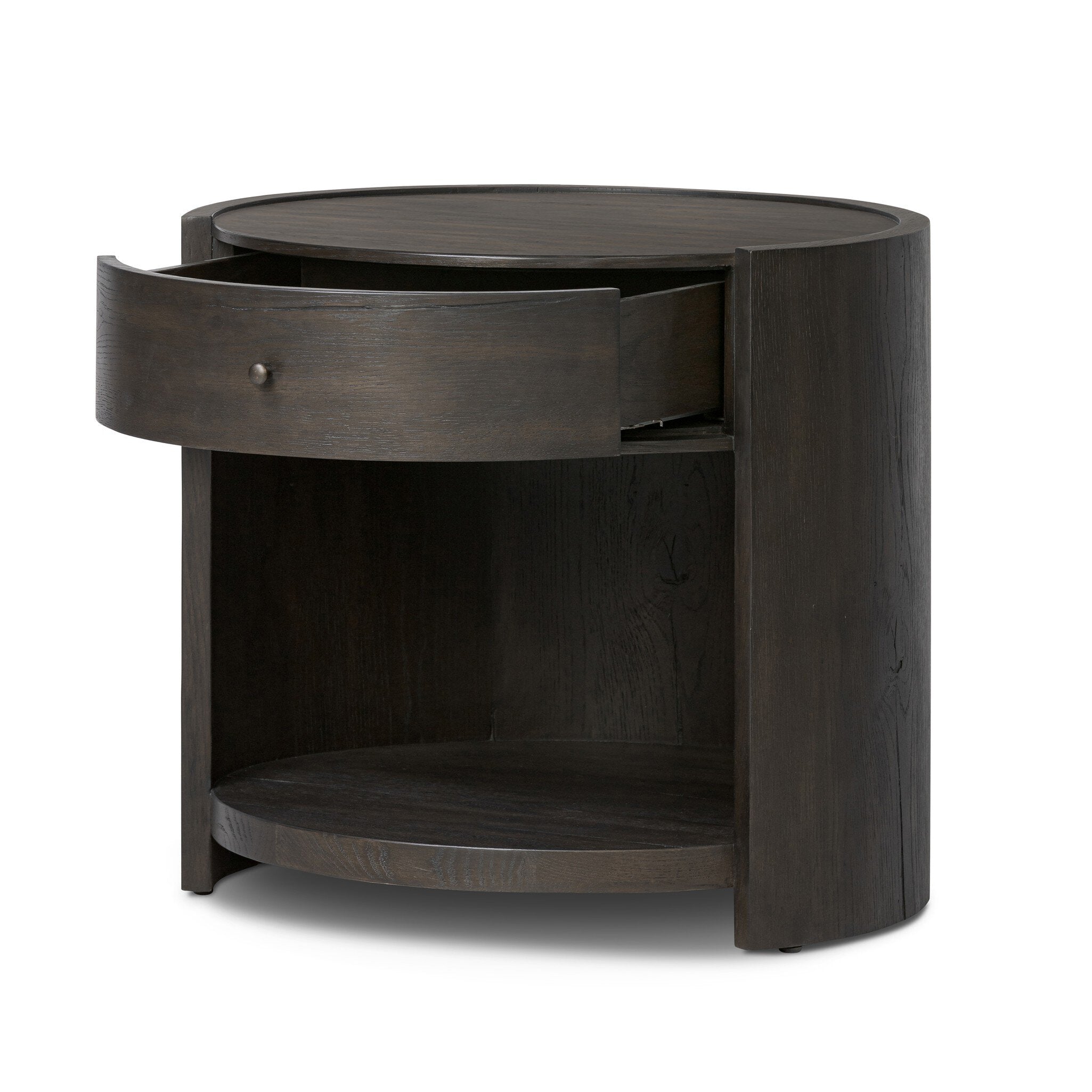 A round dark wooden nightstand with a drawer and a cubby on a white background.
