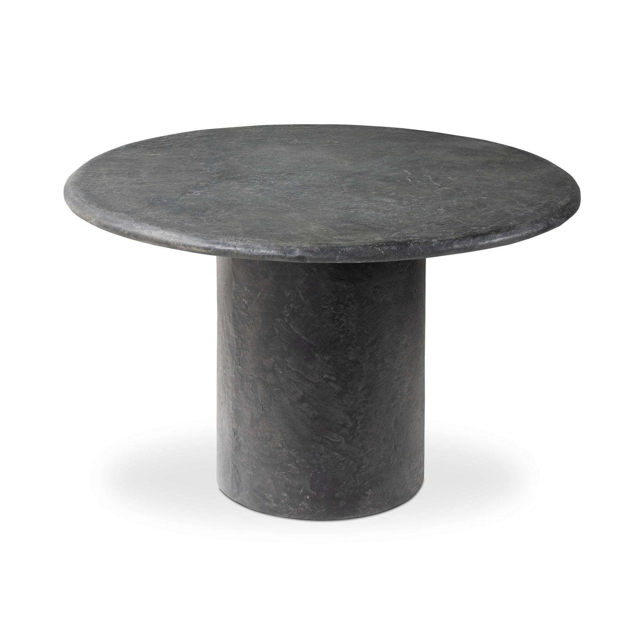 Round black concrete dining table on a white background.