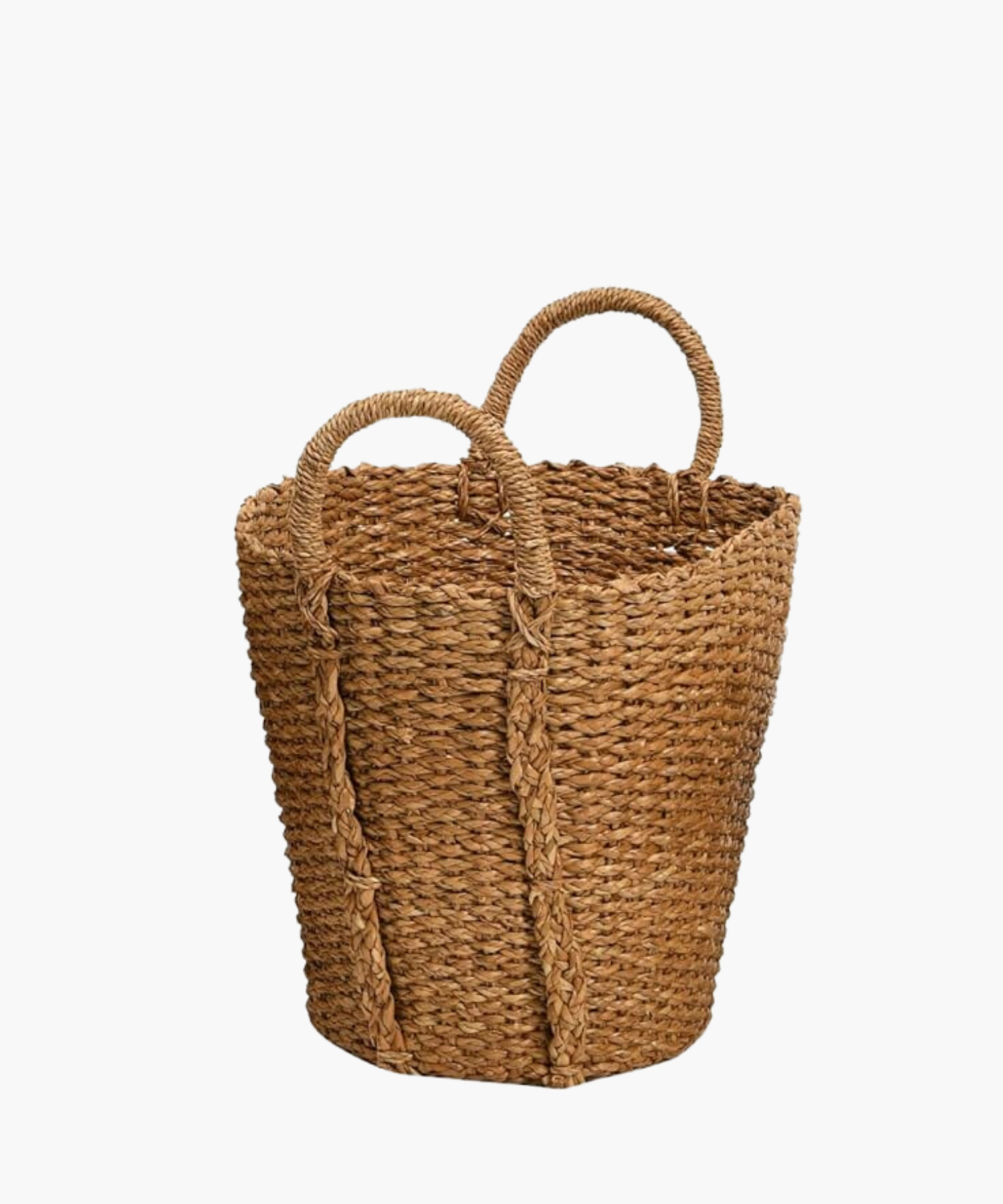 A hand woven basket with two sturdy looped handles. The basket's braided texture conveys a rustic and natural feel, perfect for storage or decoration.