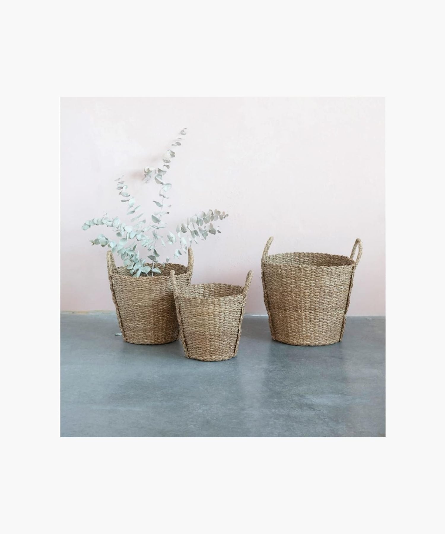 Three hand-woven baskets in various sizes each with two sturdy looped handles. The basket's braided texture conveys a rustic and natural feel, perfect for storage or decoration.