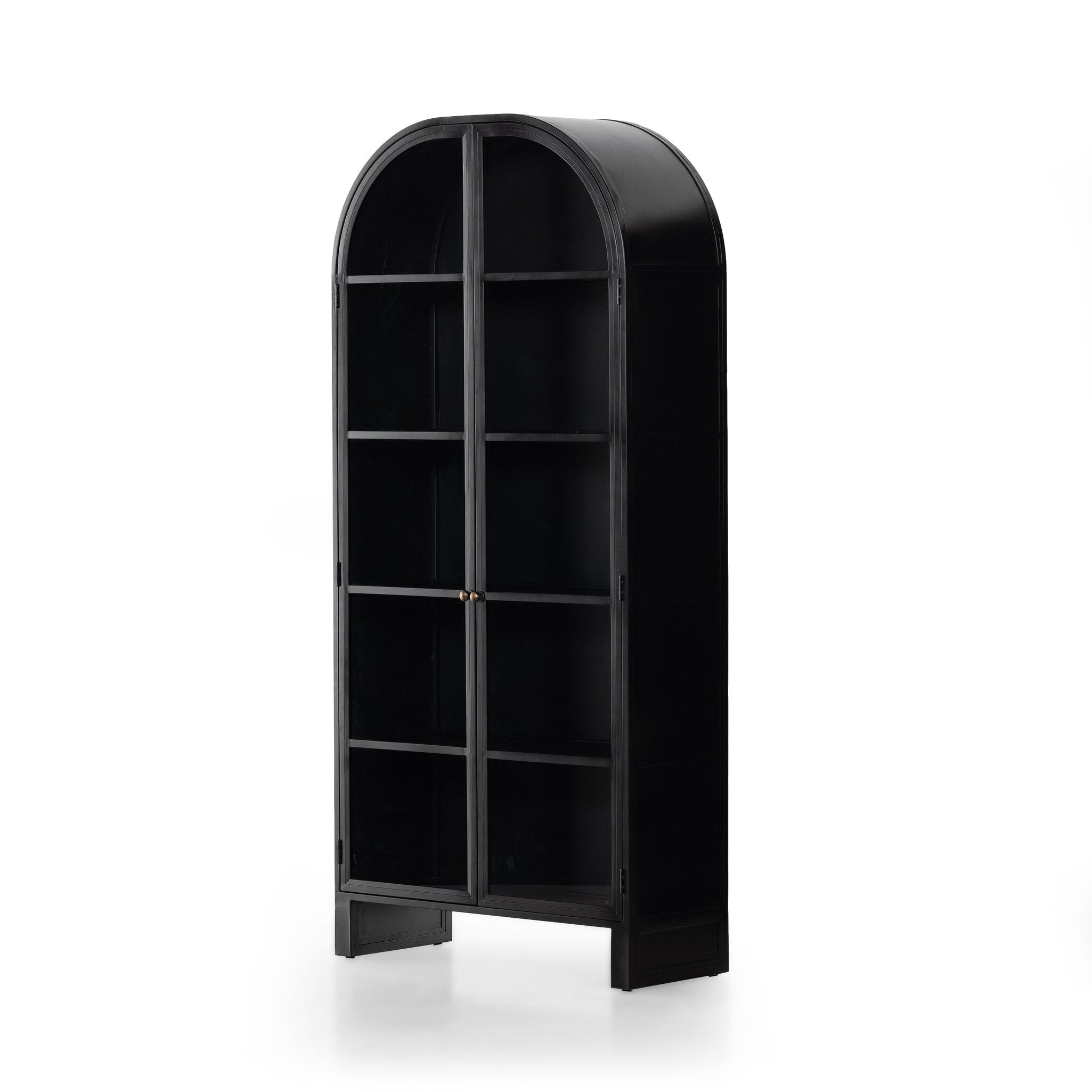 Black-finished iron arched cabinet with glass front doors.