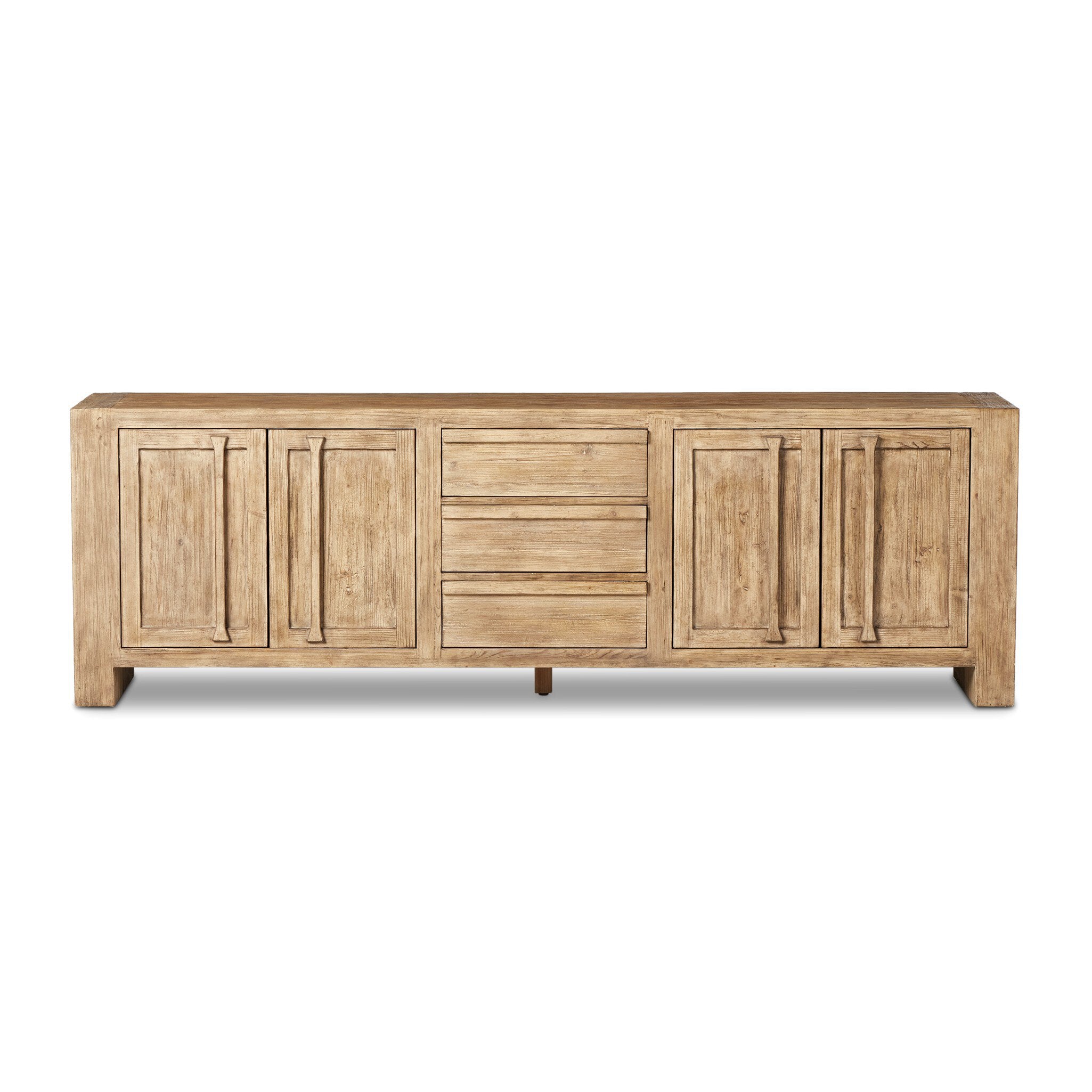 Wooden sideboard with four doors and three drawers in the center on a white background.