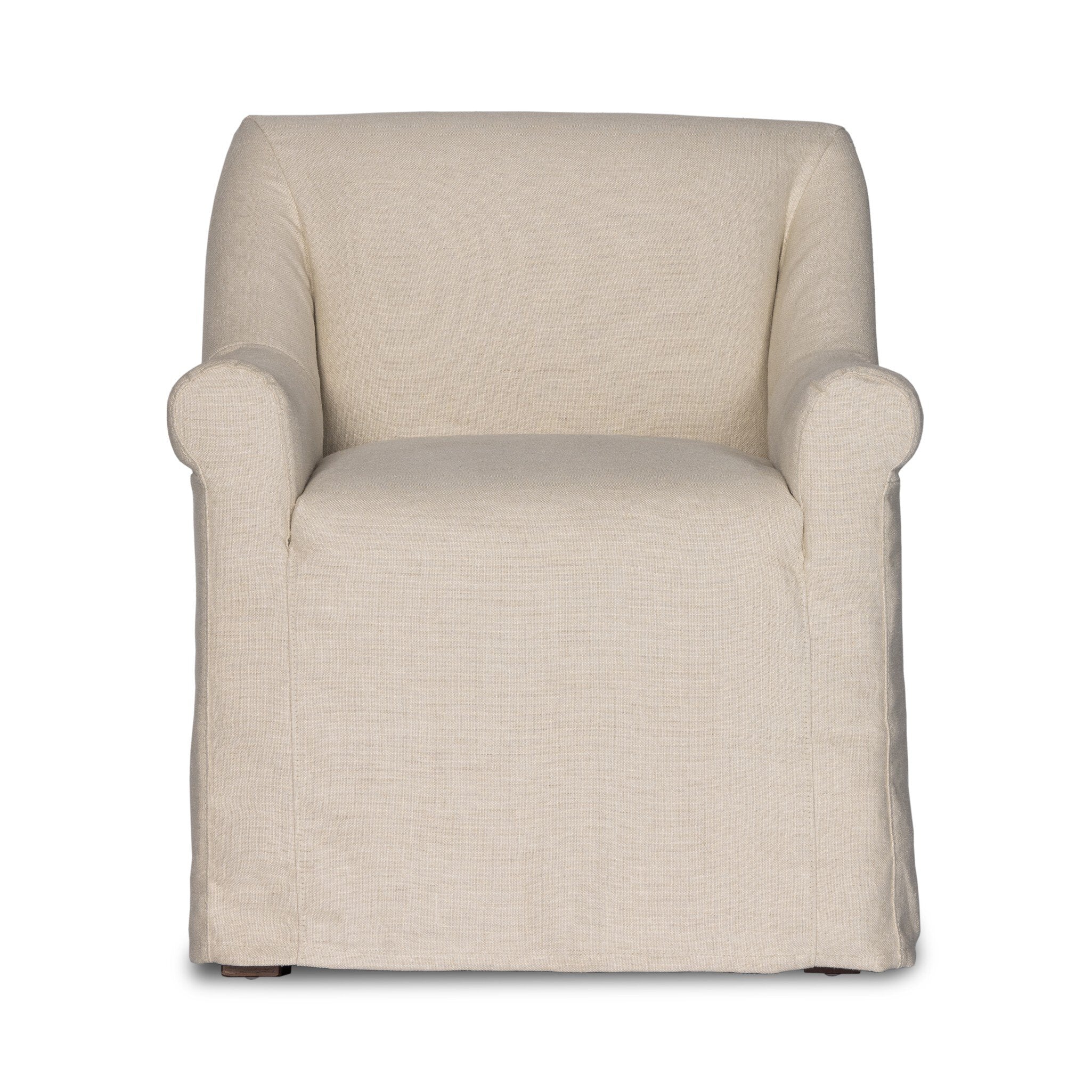 Natural slipcovered dining armchair with rolled arms on a white background.