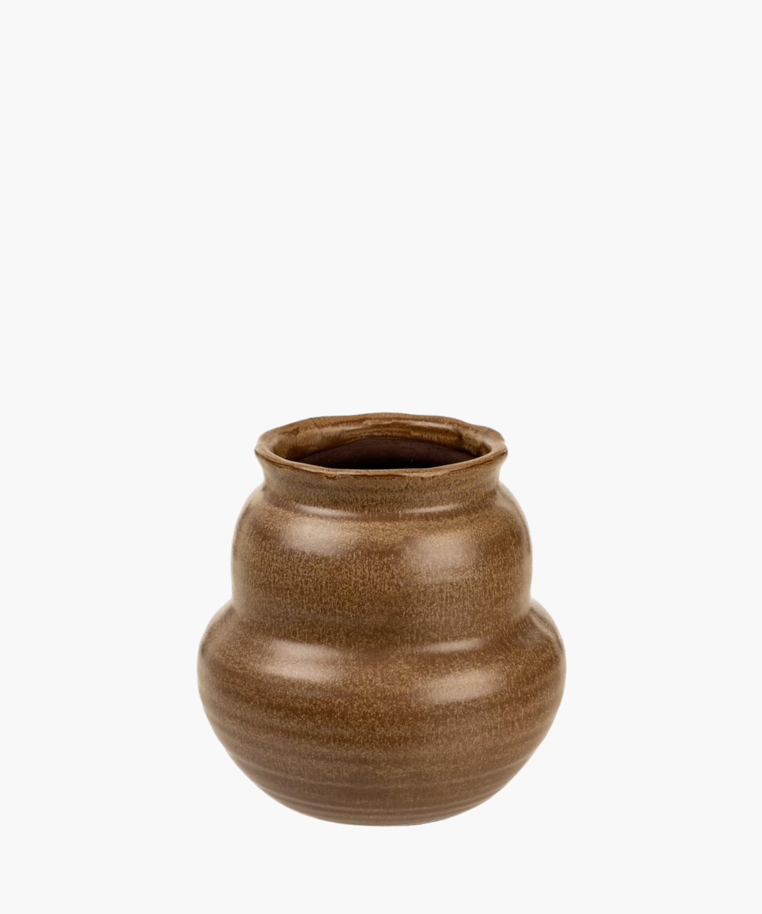A brown, rounded ceramic vase with a slightly uneven rim and smooth, glossy texture. The earthy tone and simple design suggest a rustic charm.