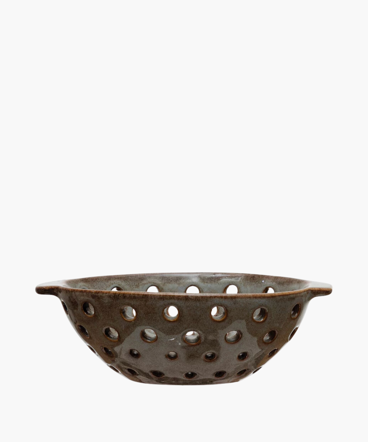 Ceramic colander or berry bowl with a rustic design, featuring a speckled brown glaze and evenly spaced holes. It conveys a handcrafted, earthy aesthetic.